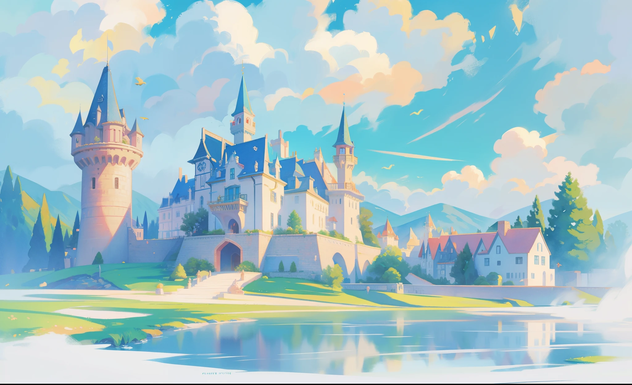 picture book illustration, watercolor storybook illustration, princess castle, fairytale castle, fairytale towers, clouds, vibrant pastel colors, dream, colorful, whimsical, magical, masterpiece, best quality, sharp focus, intricately detailed environment, fine detail, 8k resolution