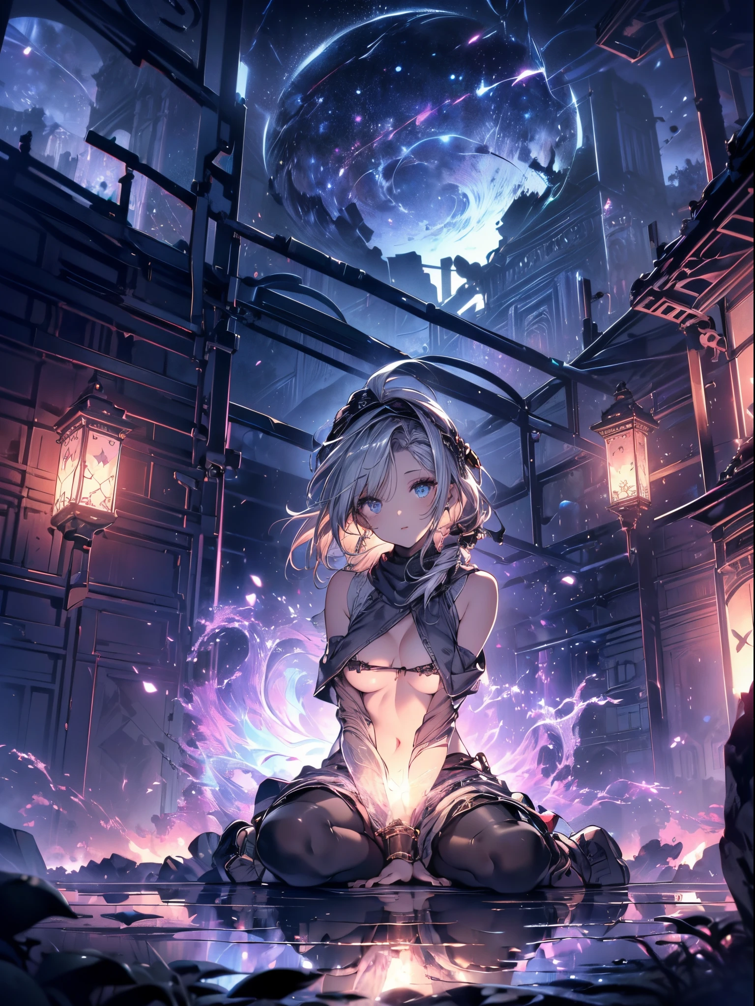 (Spiritual image:1.3), a matured woman with long black hair and a white outfit, (at a rock place in a desert:1.2), (meditating above magic circle written on ground:1.2, under starly sky:1.3, sitting Indian-styles:1.5, Yoga posing:1.1, with opening legs and rising knee:1.5, with cross-legged:1.5, rift and open your arms:1.3, in Arabic ancient ruins:1.3), (floating Bible:1.2), Arabic, (Post apocalyptic:0.2), from arknights, artwork in the style of guweiz, bodyesbian, fine details. girls frontline, beautiful anime illustration, from girls frontline, by Yang J, stunning, 28 years old, (milf:1.3), (solo:1.5), (sfw:1.25), (sagging breast, fuge breasts, big tits, thin waist, big ass:1.2), Raised sexy, (dark mahogany medium short hair, updo, hair over one eye, asymmetric hair, Carly hair, low tied braids),(musulman, white Headscarfs, hair bands, head vandage, Turban), (ultra high resolution, 8K RAW photo, photo realistics, thin outline:1.3, clear focus), best qualtiy, cinematic lighting, textile shading, blurry back ground, field depth, bokeh, (Bright pupils, fine detailed beautiful eyes with highlight:1.3, high detailed face), Red lip, fine realistic skins:1.1, looking up viewers:1.3, (dynamic angle:1.3, front view:1.1, tight focus:1.3, from above:1.2), (dynamic posing:1.5, sexy posing:1.2, leaning forward), ((open your mouth:1.3)), (seductive smiling:1.2), centered image, (wearing white long jacket and clothes, wearing white robes:1.3, ((bare breast:1.37)), platinum ornaments, rolling white clothes around waist, dark brown long leather boots:1.3, translucent lace pantyhose), (((correct anatomy:1.5))), ((outdoor:1.2, in a night:1.3)),