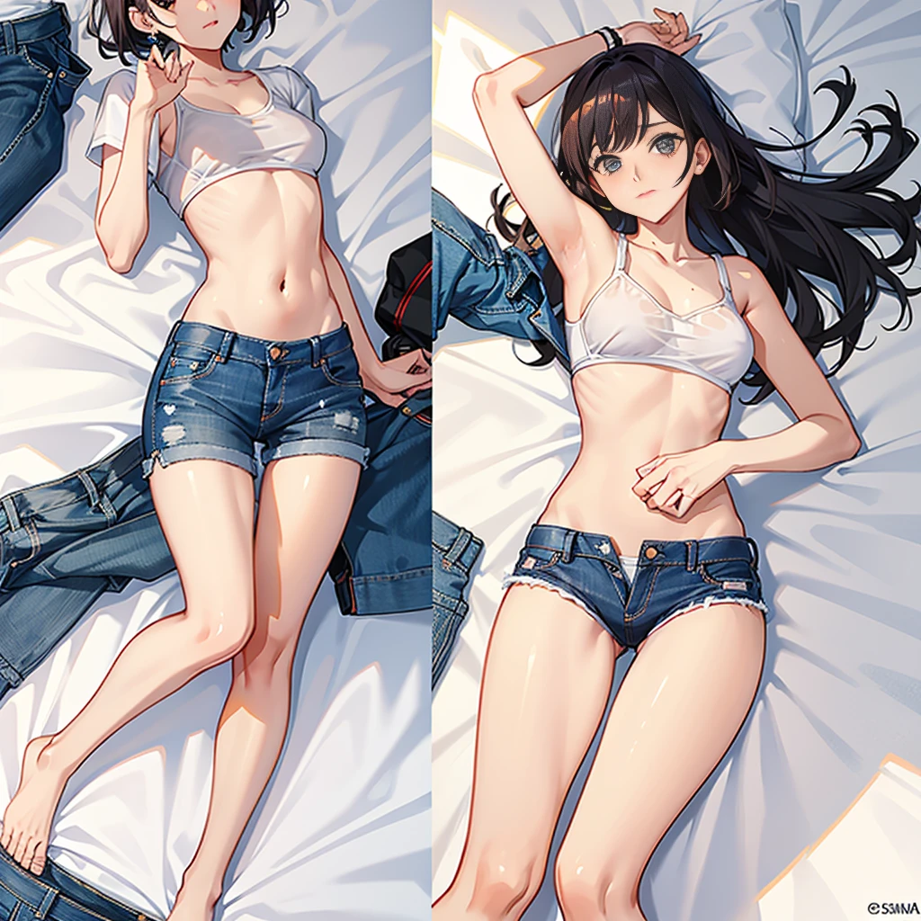 Loira peituda sentada na cama com as pernas abertas, vestindo uma regata branca e um short jeans