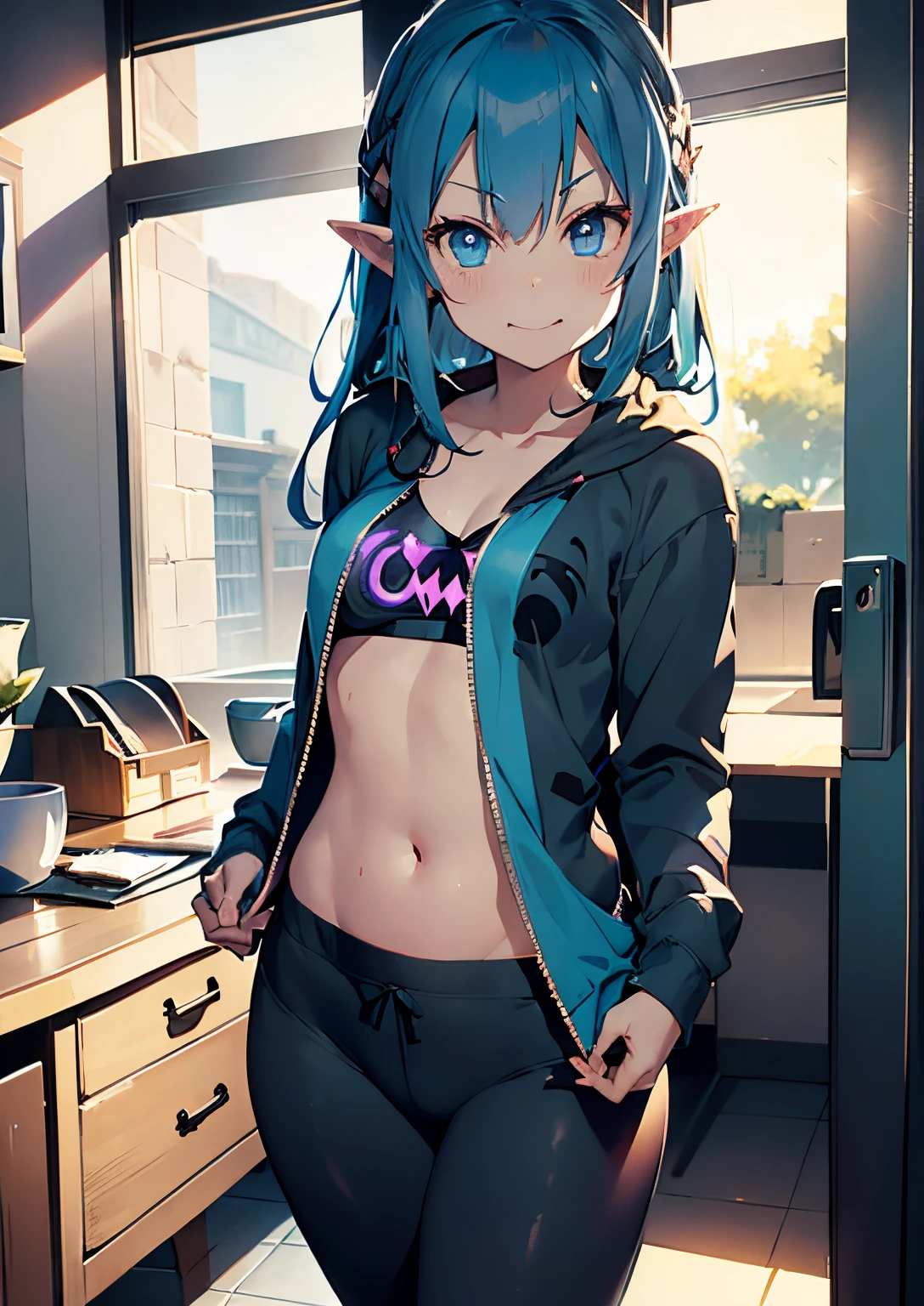 twilight princess, zelda twilight princess, nefarious smirk, shady, ashy, midna, goddess of mischief, giddy smirk, villainess, jinx, imp, sharp teeth, deep v shirt, hoodie , sweat pants, cyan blue hair, window with rain in background, one blue eye and one purple eye, heterochomia, hands in pockets, standing, flat chest, small breasts, wide hips, thicc, short, wide hips, pointy ears, low rise, belly shirt, navel, hips, mirror selfie