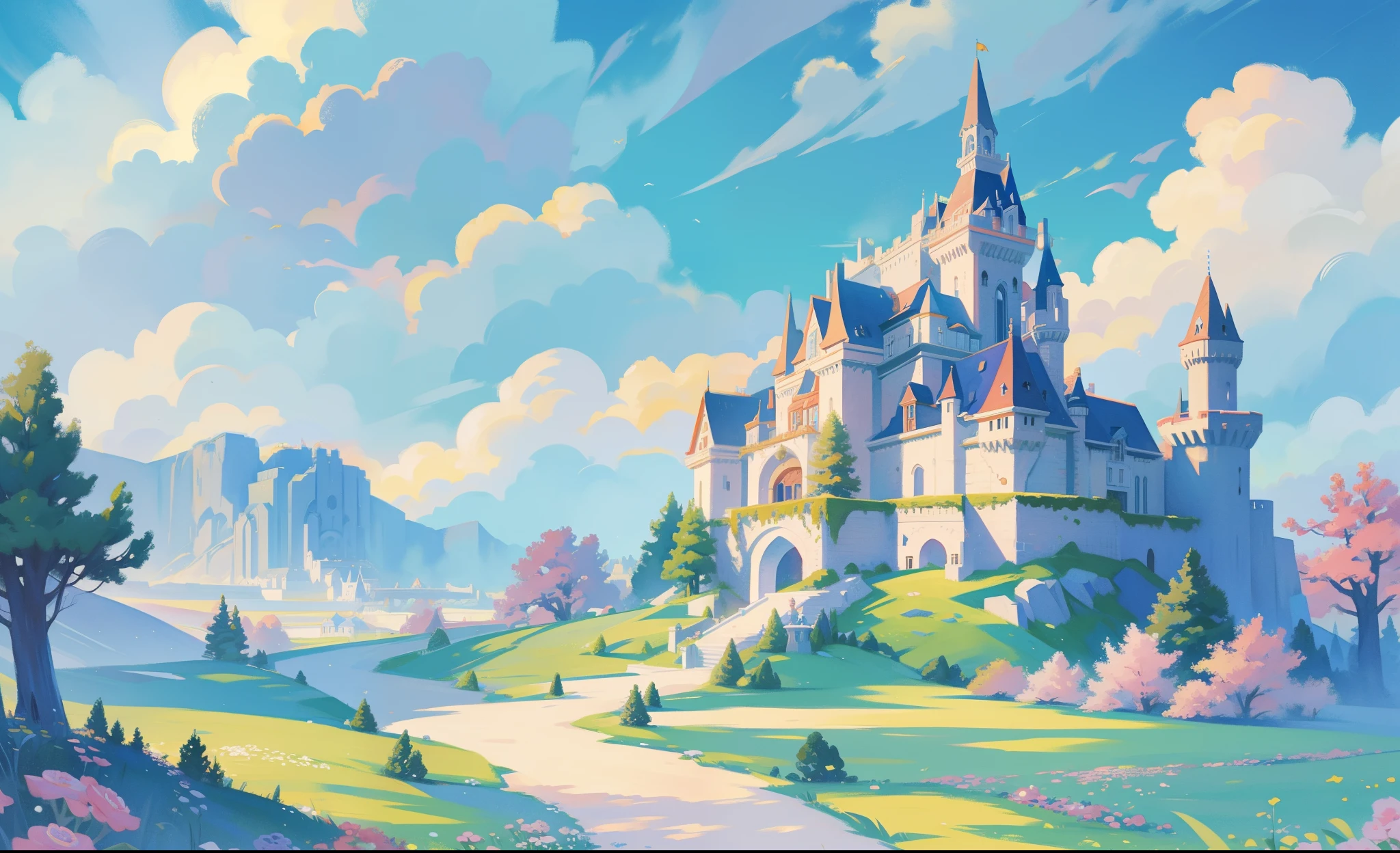 picture book illustration, watercolor storybook illustration, princess castle, fairytale castle, fairytale towers, clouds, vibrant pastel colors, dream, colorful, whimsical, magical, masterpiece, best quality, sharp focus, intricately detailed environment, fine detail, 8k resolution