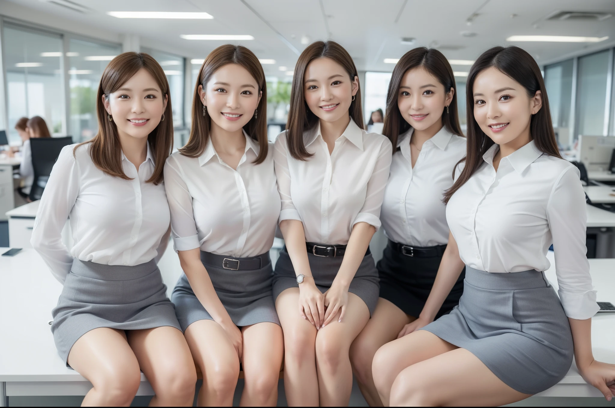 ((Best Quality, 8k, Masterpiecedetails, ultra-high resolution)), (group picture)(looking at the viewer), (full shot:), attractive business 5 milfs, 5 people, a bit chubby:0.25, white collared shirt, grey skirt, (sitting with cross legs on office desks)), smile, office of CEO,