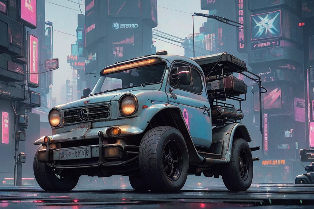 (at late night:1.3), , (detailed beautiful skin textures, detailed beautiful face, ultra detailed clothing textures), , (Cyberpunk:1.4), , (an ultra detailedfour-wheeled and long bonnet tuk-tuk with load on roof carrier and eear loading platform with luggage on it and letter-tyres), , (3/4 front view, The car is in the center of the frame), , (at parking area, at ultra detailed Night City of Cyberpunk), (All cars are classic cars with cyberpunk custumed), , (softlighting), , (masterpiece, best quality:1.4, 8k, ultra detailed, illustration, distinct_image, intricate_details, delicate illustration), (realistic:0.15),