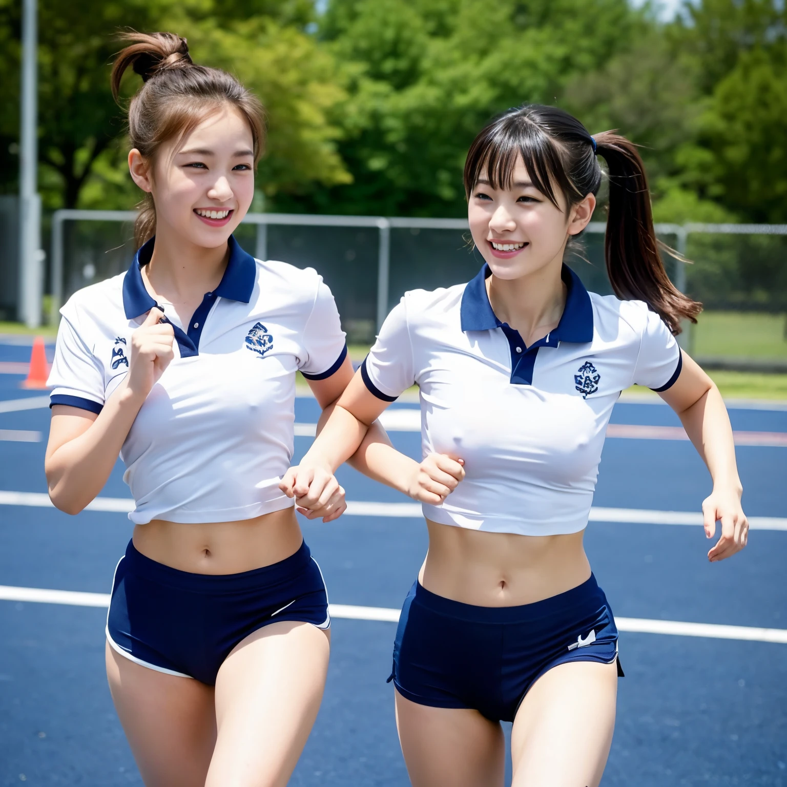 two girls running in the schoolyard,Navy blue briefs in speed style without logo,White school gymnastics shirt,18year old,Bangs,A little smile,thighs thighs thighs thighs,Knees,short cut hair,poneyTail,From below