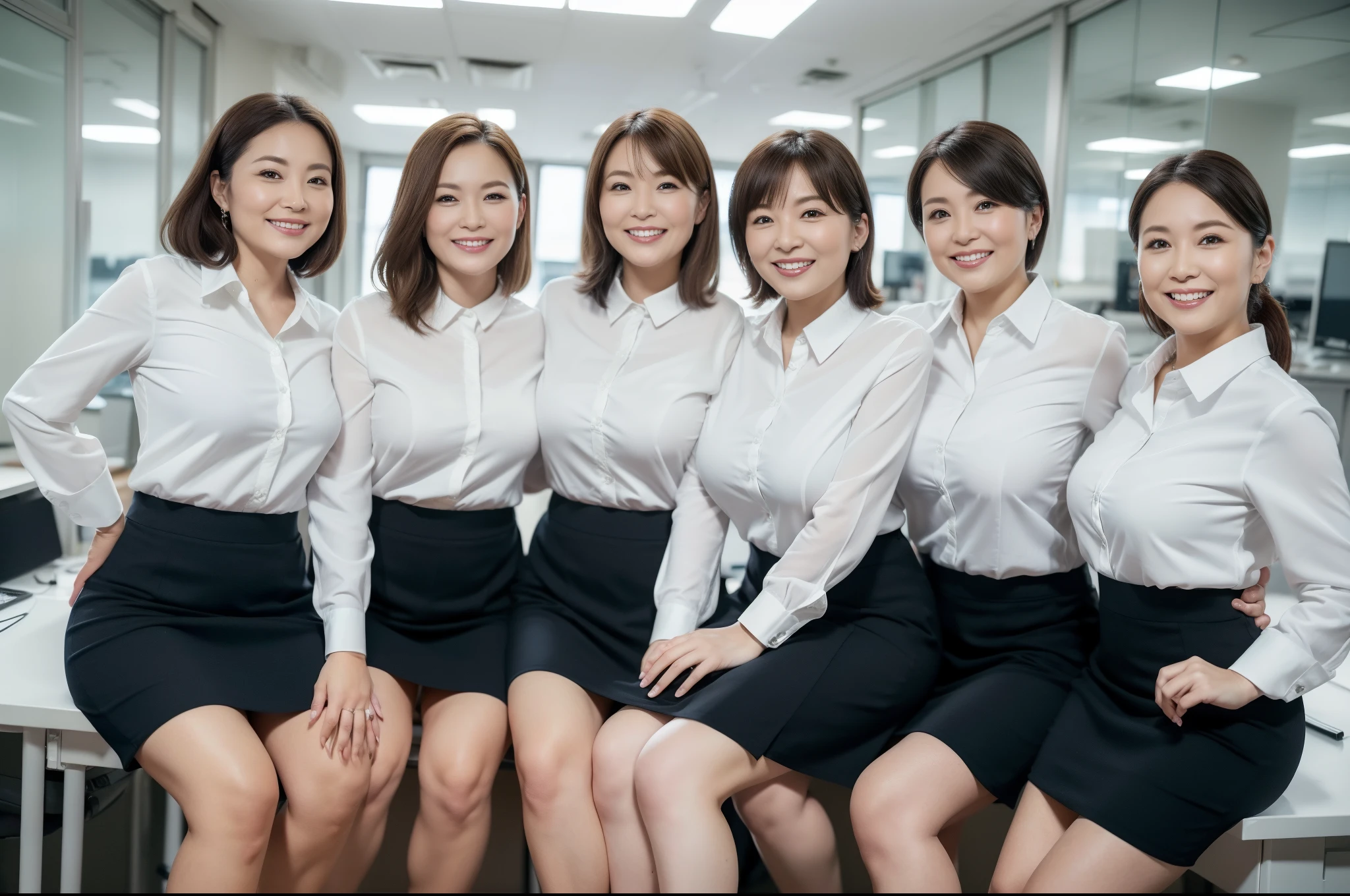((Best Quality, 8k, Masterpiecedetails, ultra-high resolution)), (group picture), (looking at the viewer), (fmiddle shot:), attractive business 5 milfs, 5 people, a bit chubby:0.25, white collared shirt, grey skirt, (sitting with cross legs on office desks)), smile, office of CEO,