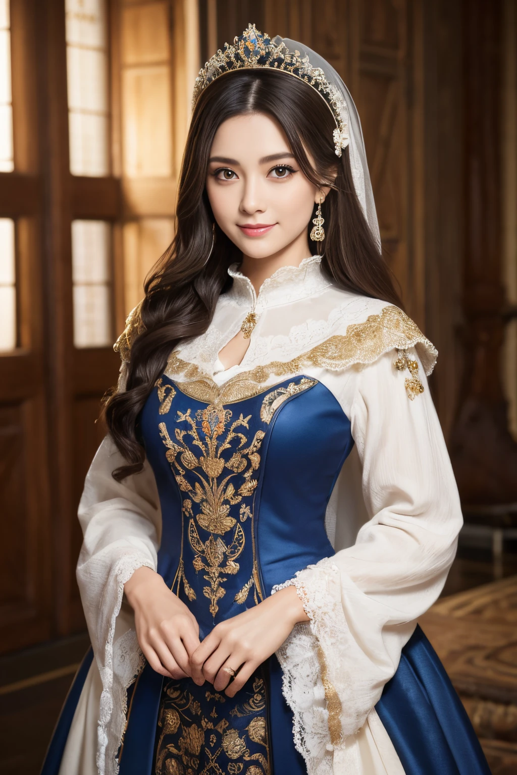 (masterpiece,top-quality,超A high resolution), Medieval European aristocracy、royal princess、doress、armor、masutepiece, Best Quality, Illustration, Ultra-detailed, finely detail, hight resolution, 8K、The face of the golden ratio、dark and bright big eyes、long lashes、eye line、lipgloss、Neat and adorable smile、Full body like