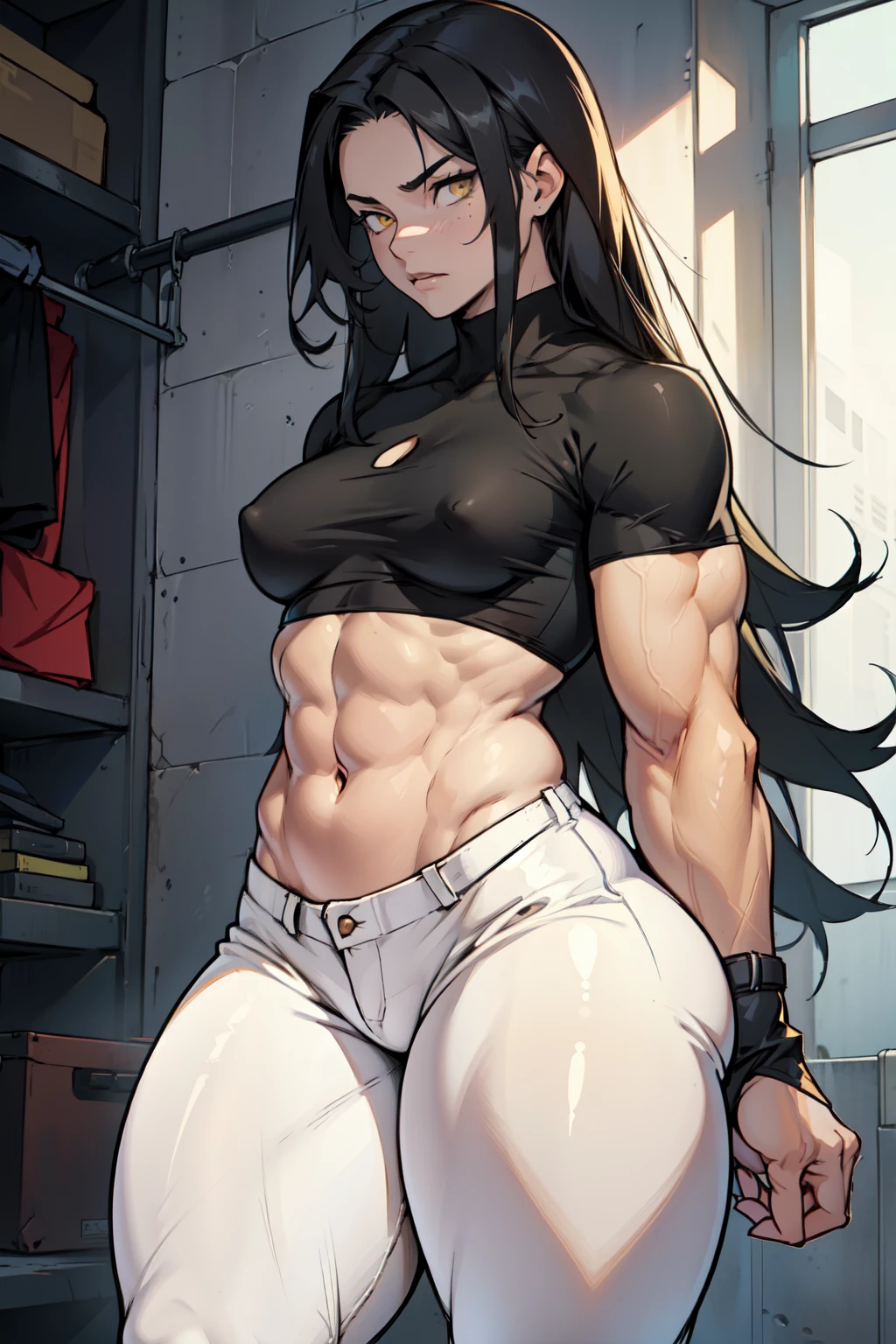 ((((muscular 1girl)))) ((((thick thighs toned body small breasts)))) (pale skin) black hair yellow eyes very long hair tight shirt tight pants