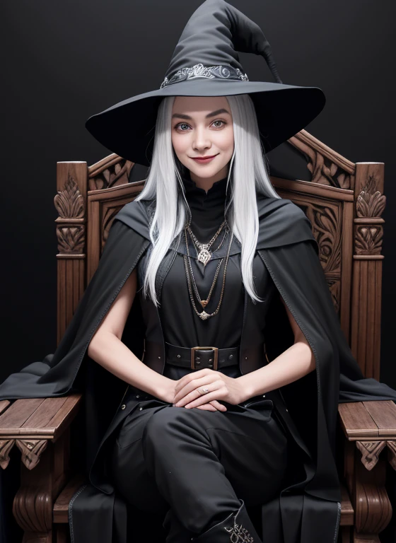 a 20 year old female wizard. wearing a long black cape. wearing a long black dress covering legs. Black clothes.  Wearing a witches hat on head. half of her face is in shadow. white background. Body Facing straight on to camera. Eyes looking straight at camera. Face straight on to camera. Friendly face.. White hair.. Black boots. Sitting down on black throne. Large black throne with ornate carvings. Black wooden throne. Conservatively dressed. Smiling face. Long black trousers. Traditional witches hat. Sitting face on.