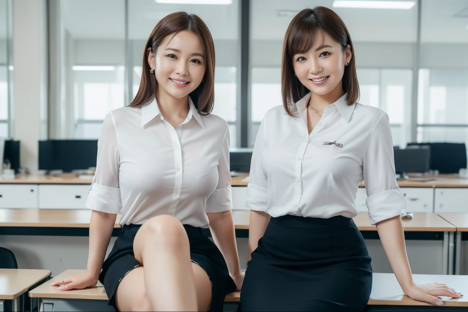 ((Best Quality, 8k, Masterpiecedetails, ultra-high resolution)), (looking at the viewer), (full shot:), attractive business 5 milfs, 5 people, a bit chubby:0.25, white collared shirt, grey skirt, (sitting with cross legs on office desks)), smile, office of CEO,
