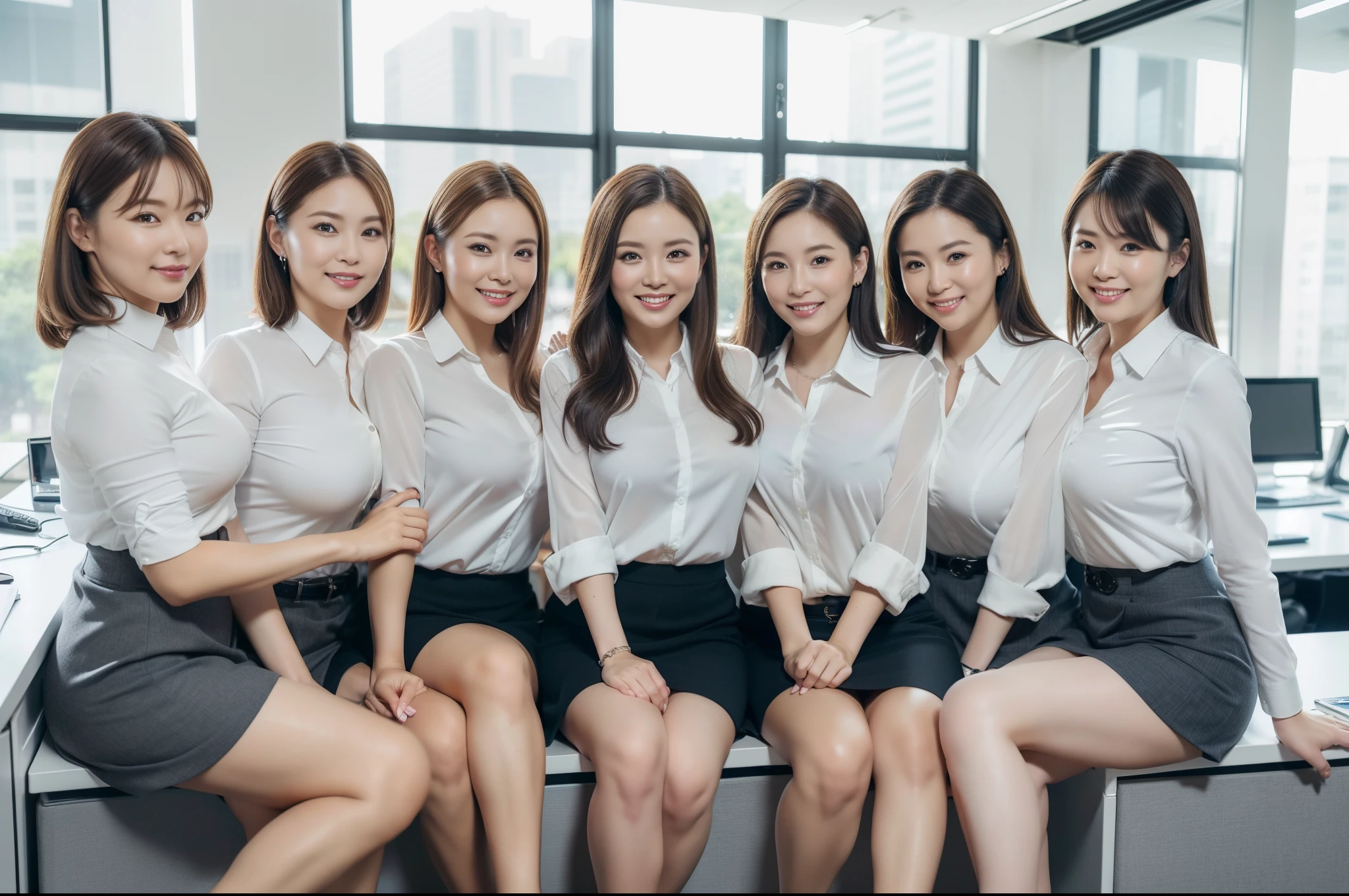 ((Best Quality, 8k, Masterpiecedetails, ultra-high resolution)), (group picture)(looking at the viewer), (full shot:), attractive business 5 milfs, 5 people, a bit chubby:0.25, white collared shirt, grey skirt, (sitting with cross legs on office desks)), smile, office of CEO,