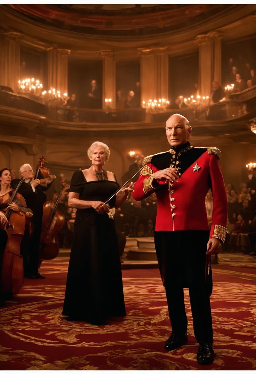 A photo of Captain Picard elegantly playing the violin in the ship's concert hall, surrounded by the warm glow of candlelight.,Star Trek: The Next Generation,Picard is bald, with a poised, upright bearing, and a measured, commanding presence that complements his tactical brilliance. His visage is marked by sharp, discerning eyes and a stately air, often clad in the sleek, red and black Starfleet uniform that denotes his rank and the respect he commands as captain