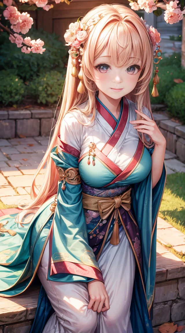 Superb Quality, Masterpiece, High Resolution, 1Girl, Blush, (Charming Smile: 0.8), Star Eyes, Chinese Hanfu, Hair Accessories, Jewelry, Beauty, on_body, Tyndall Effect, Realistic, Peach Blossom Forest, Light Edge, Two-tone Lighting, (High Detail Skin: 1.2), 8K UHD, DSLR, Soft Light, High Quality, Volume Lighting, Voyeur, Photo, High Resolution, 4K, 8K, Background Blur