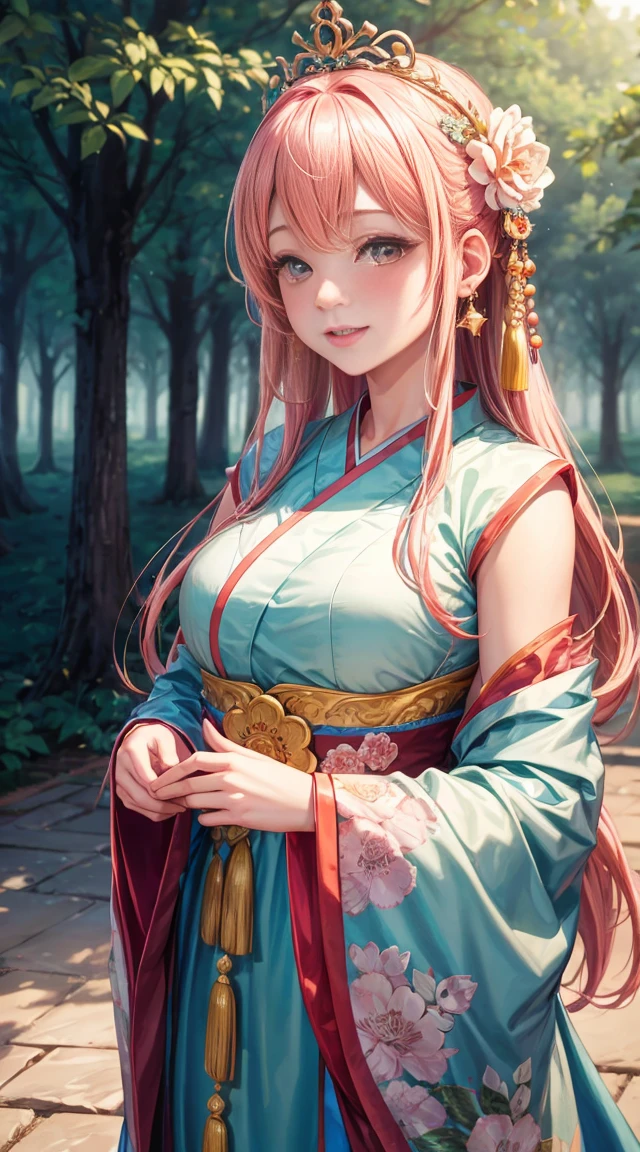 Superb Quality, Masterpiece, High Resolution, 1Girl, Blush, (Charming Smile: 0.8), Star Eyes, Chinese Hanfu, Hair Accessories, Jewelry, Beauty, on_body, Tyndall Effect, Realistic, Peach Blossom Forest, Light Edge, Two-tone Lighting, (High Detail Skin: 1.2), 8K UHD, DSLR, Soft Light, High Quality, Volume Lighting, Voyeur, Photo, High Resolution, 4K, 8K, Background Blur