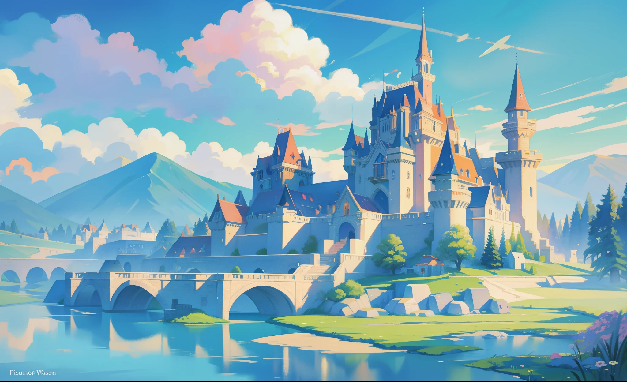 picture book illustration, watercolor storybook illustration, princess castle, fairytale castle, fairytale towers, clouds, vibrant pastel colors, dream, colorful, whimsical, magical, masterpiece, best quality, sharp focus, intricately detailed environment, fine detail, 8k resolution