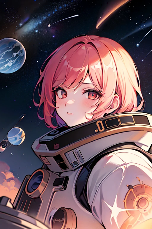 best quality, (masterpiece), Ultra-detailed, (novel illustration:1.2), (korean webtoon style:1.2), (bold line), (highres:1.2), dramatic light, 1girl, observatory, looking at space through long Telescope, space, planets, falling stars, light lines among planets, looking above, beutiful face, cogwheels