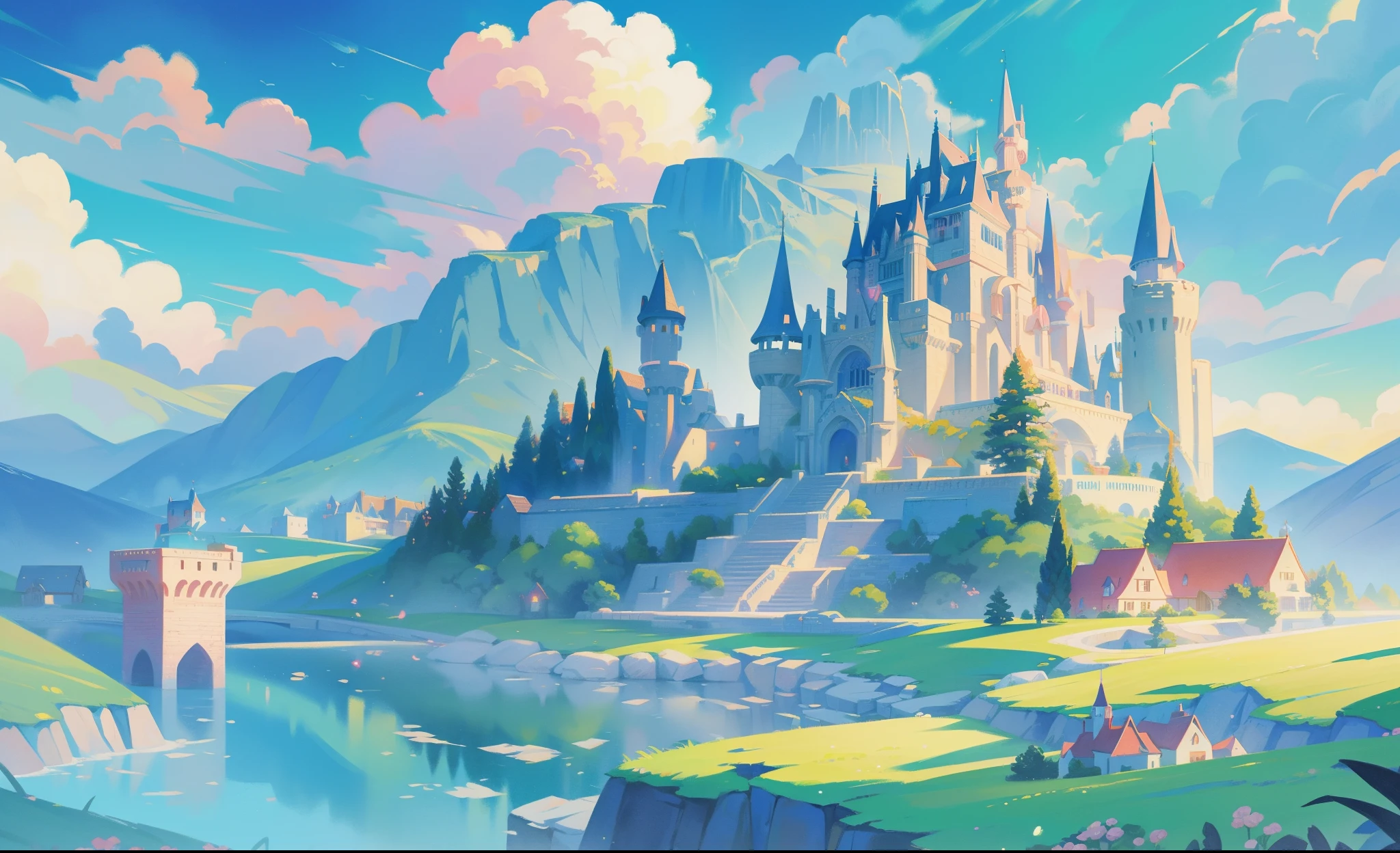 picture book illustration, watercolor storybook illustration, princess castle, fairytale castle, fairytale towers, clouds, vibrant pastel colors, dream, colorful, whimsical, magical, masterpiece, best quality, sharp focus, intricately detailed environment, fine detail, 8k resolution