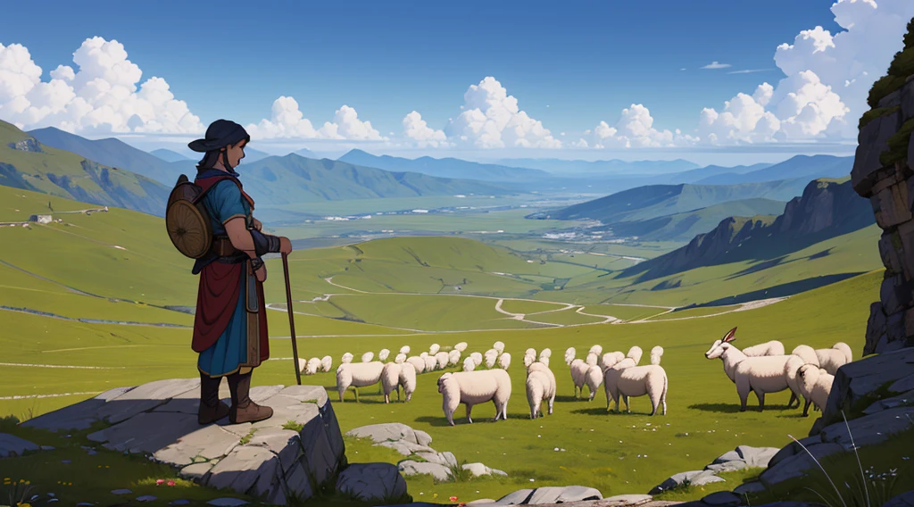 a first-century sheepherder standing on a mountain, Ultra Qualidade, Ultra Definition, scenic view, Arte e detalhes de alta qualidade, Estilo retrato realista, paleta de cores sutil, fundo vibrante, texturas naturais, Sombras profundas, destaca sutil, historical accuracy, meticulous attention to detail, Profundidade e intensidade emocional, authentic representation, instigante, atmosfera espiritual, Um Senso de Sabedoria Antiga, Impacto profundo