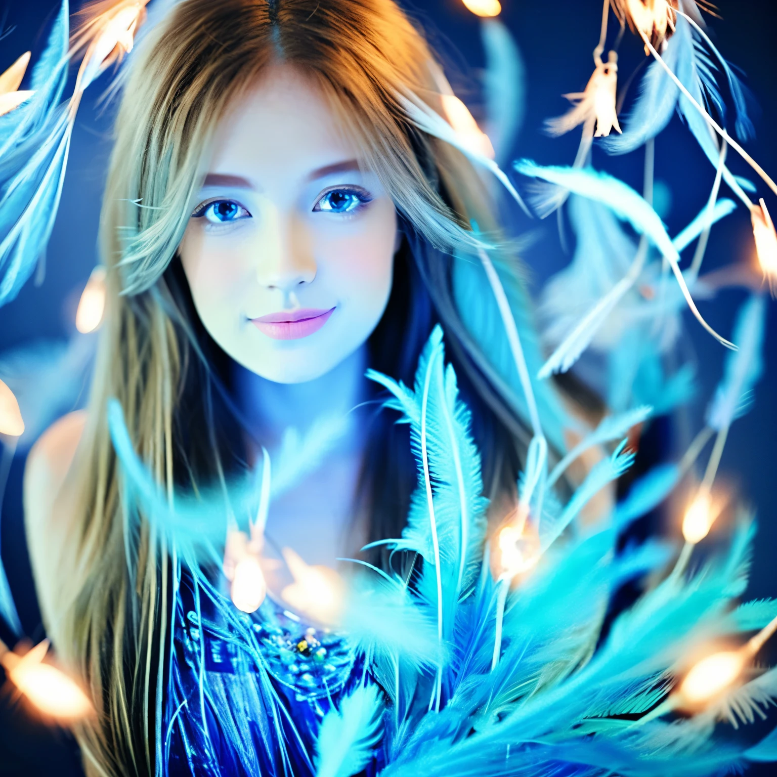 Beautiful girl long hair light bulb light blue feathers