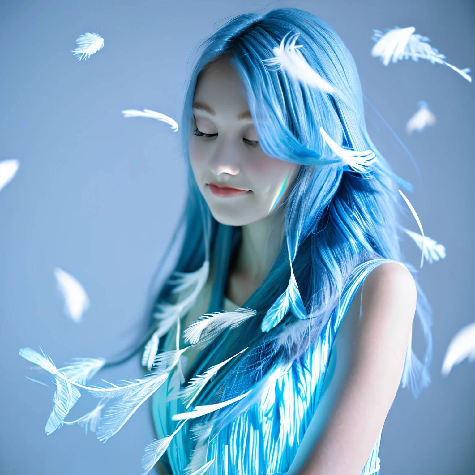 Beautiful girl long hair light bulb light blue feathers