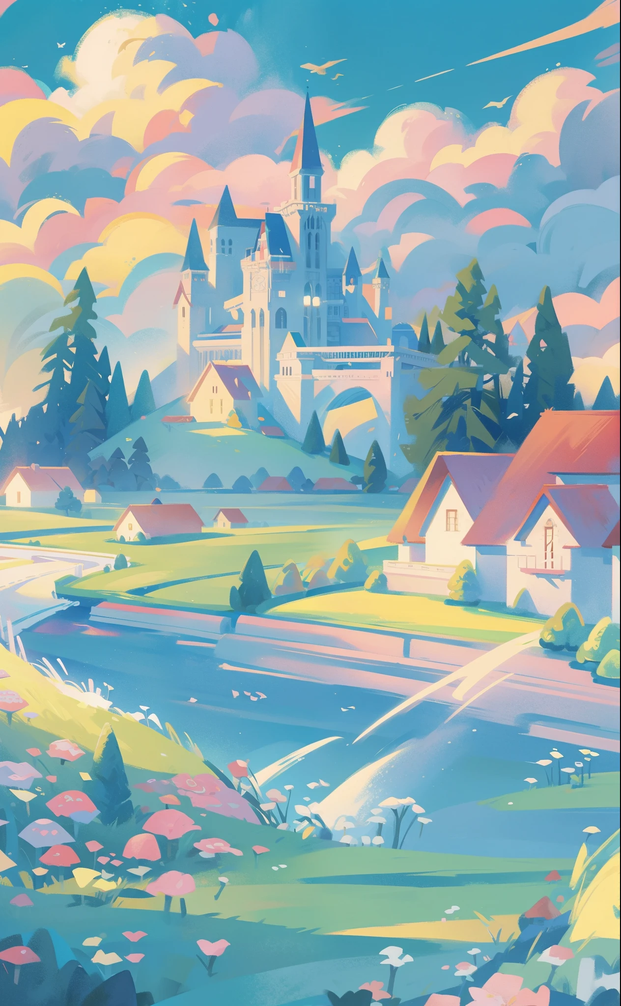 picture book illustration, watercolor storybook illustration, princess castle, fairytale castle, fairytale towers, clouds, vibrant pastel colors, dream, colorful, whimsical, magical, masterpiece, best quality, sharp focus, intricately detailed environment, fine detail, 8k resolution