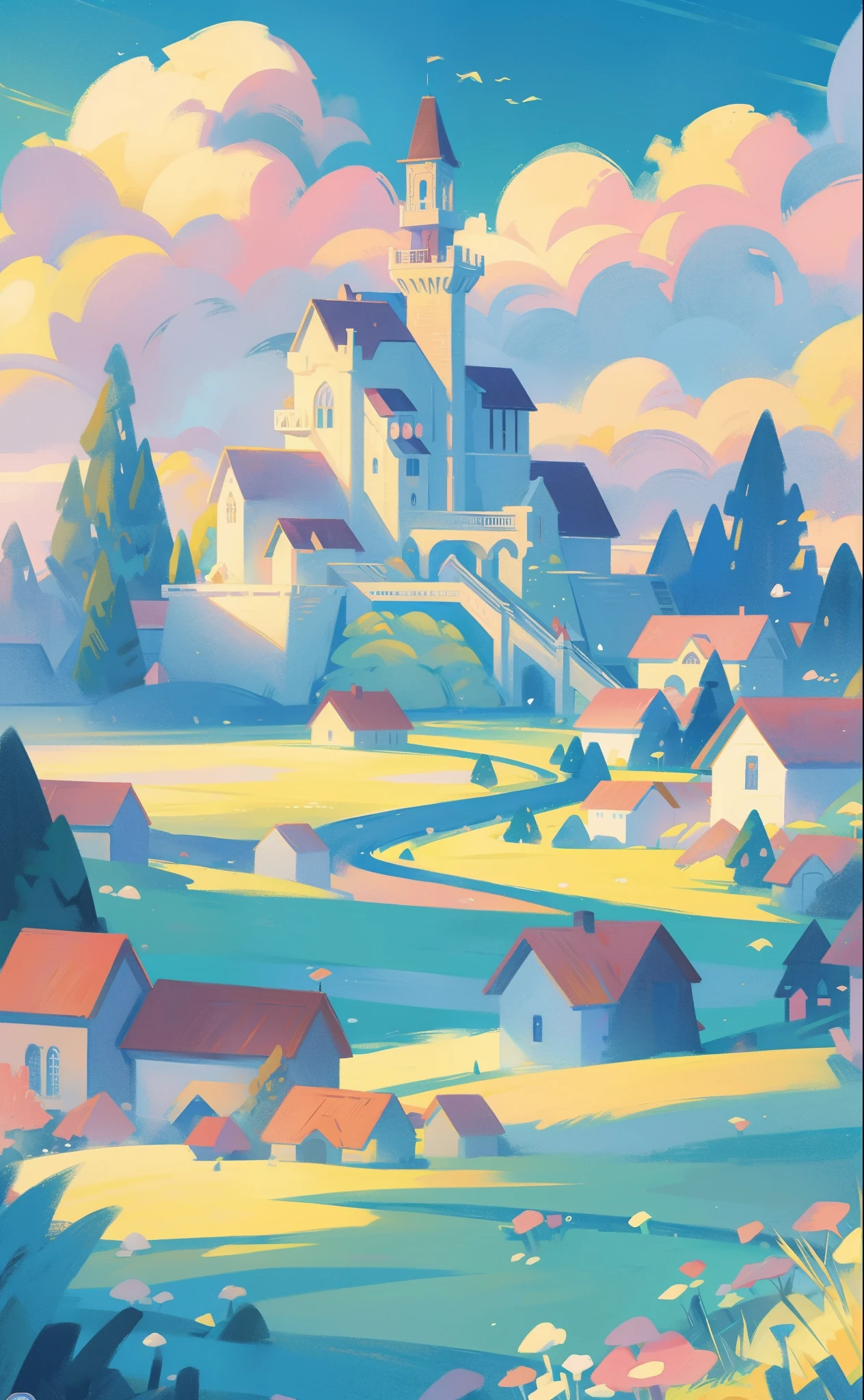 picture book illustration, watercolor storybook illustration, princess castle, fairytale castle, fairytale towers, clouds, vibrant pastel colors, dream, colorful, whimsical, magical, masterpiece, best quality, sharp focus, intricately detailed environment, fine detail, 8k resolution
