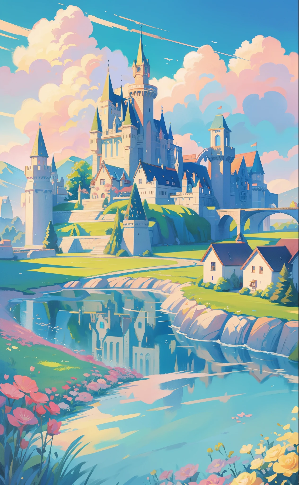 picture book illustration, watercolor storybook illustration, princess castle, fairytale castle, fairytale towers, clouds, vibrant pastel colors, dream, colorful, whimsical, magical, masterpiece, best quality, sharp focus, intricately detailed environment, fine detail, 8k resolution
