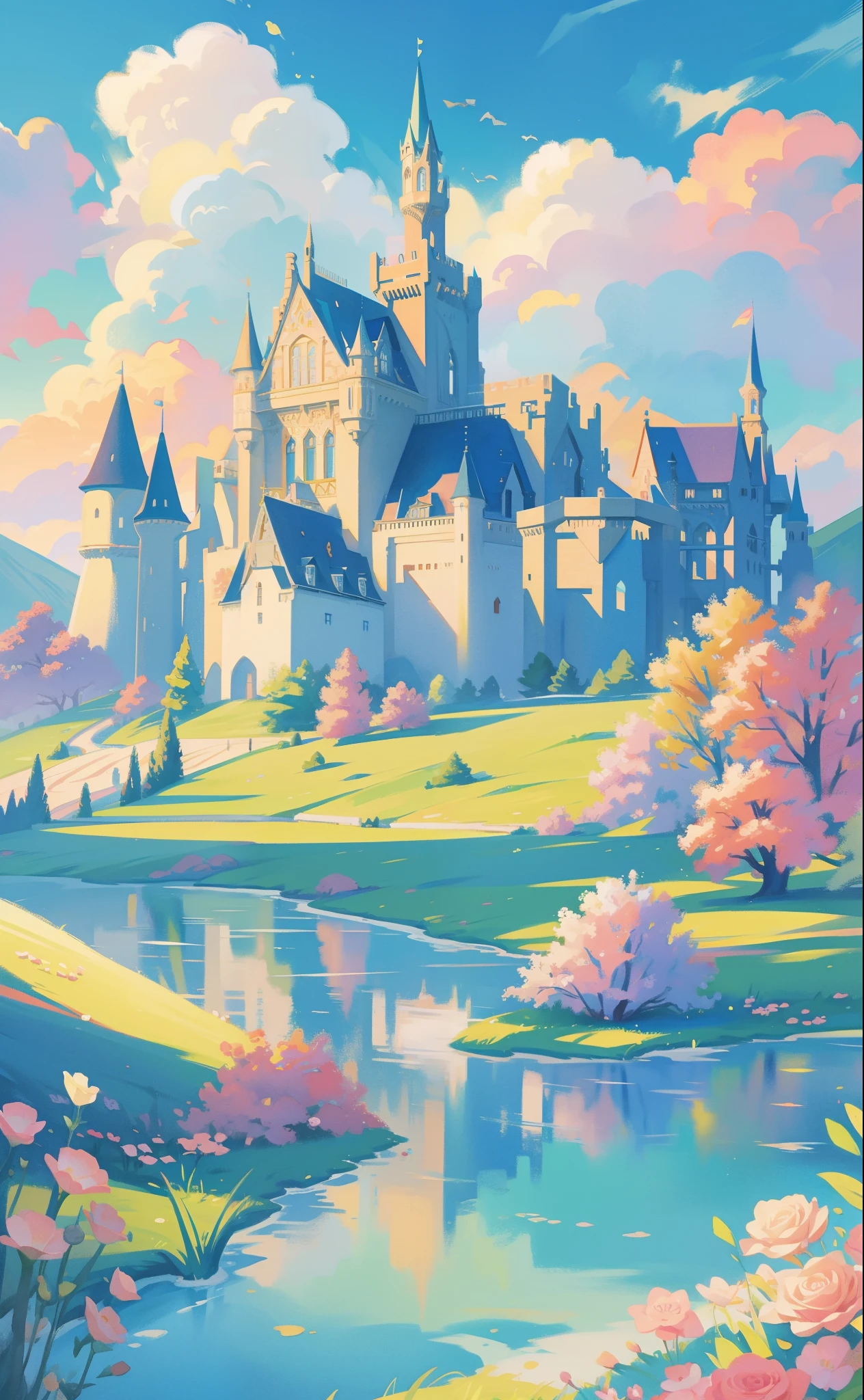 picture book illustration, watercolor storybook illustration, princess castle, fairytale castle, fairytale towers, clouds, vibrant pastel colors, dream, colorful, whimsical, magical, masterpiece, best quality, sharp focus, intricately detailed environment, fine detail, 8k resolution