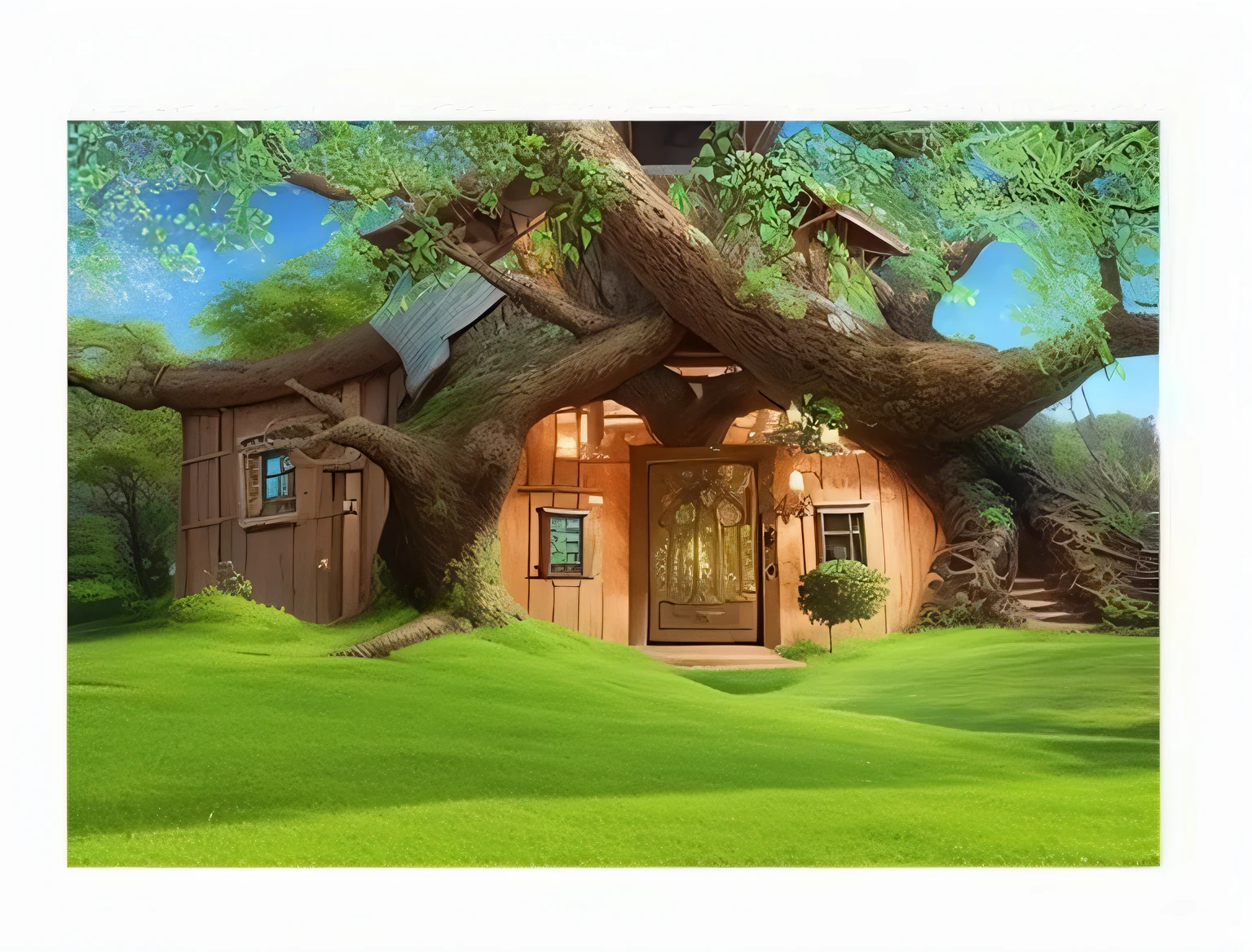 a painting of a tree house with door and window, in a tree house, tree house, great pinterest photo, screensaver, minha casa, uau!!!!!!, tree house, enchanted magical fantasy forest, 2023 4k, alternate angle, Casa dos Elfos, Directed by: Rob Alexander, the battle for the treehouse, fotorreal", Amazing screenshot, bela cena detalhada