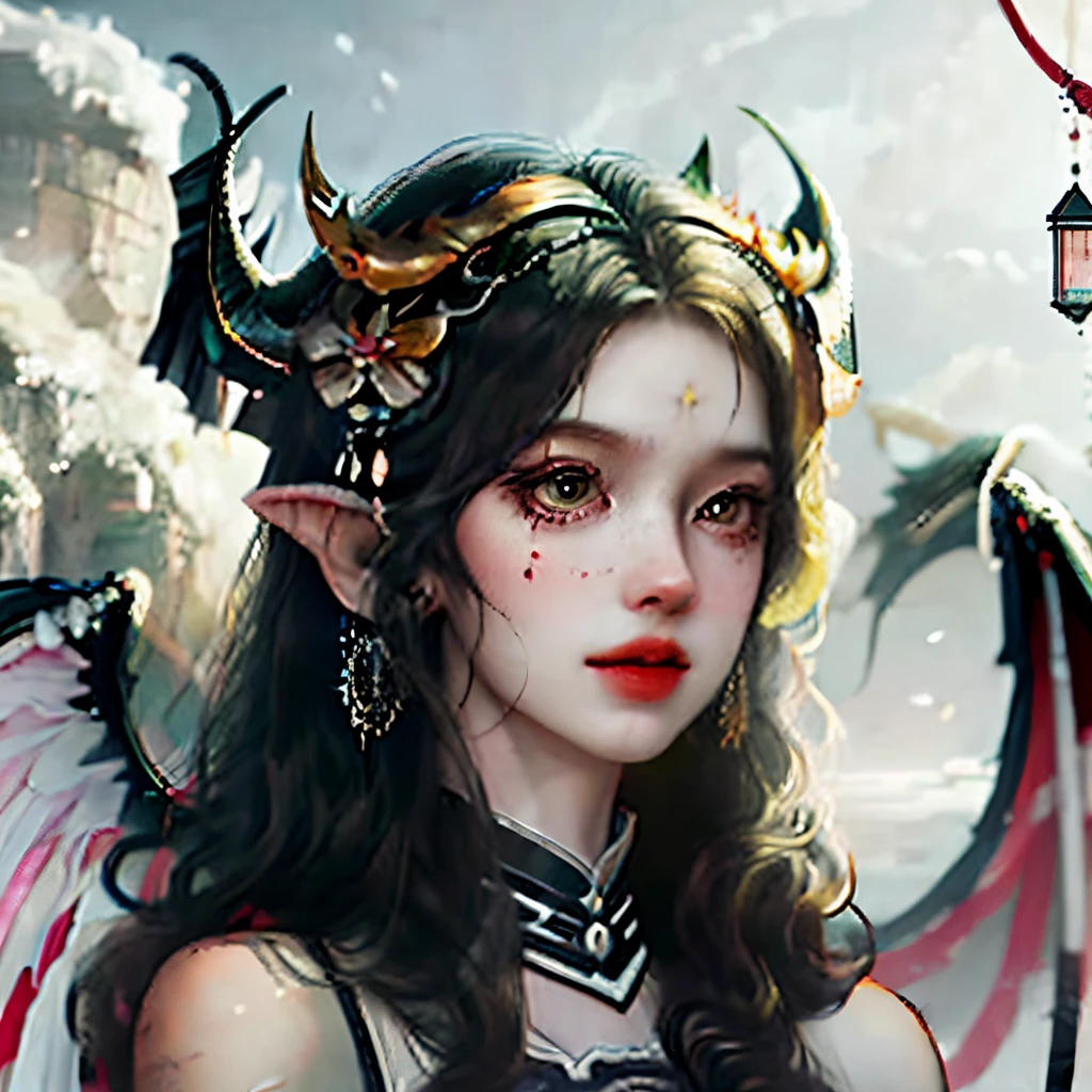 A girl with long black hair with horns and wings