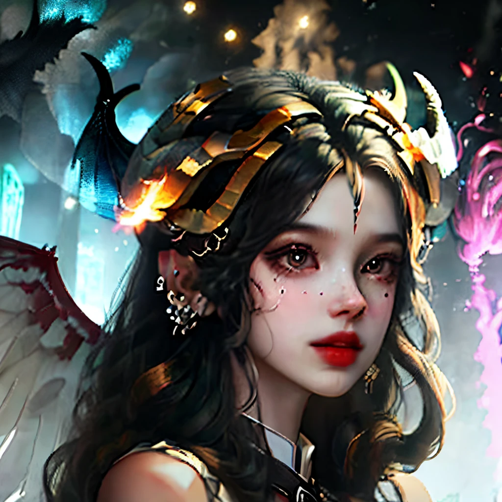 A girl with long black hair with horns and wings