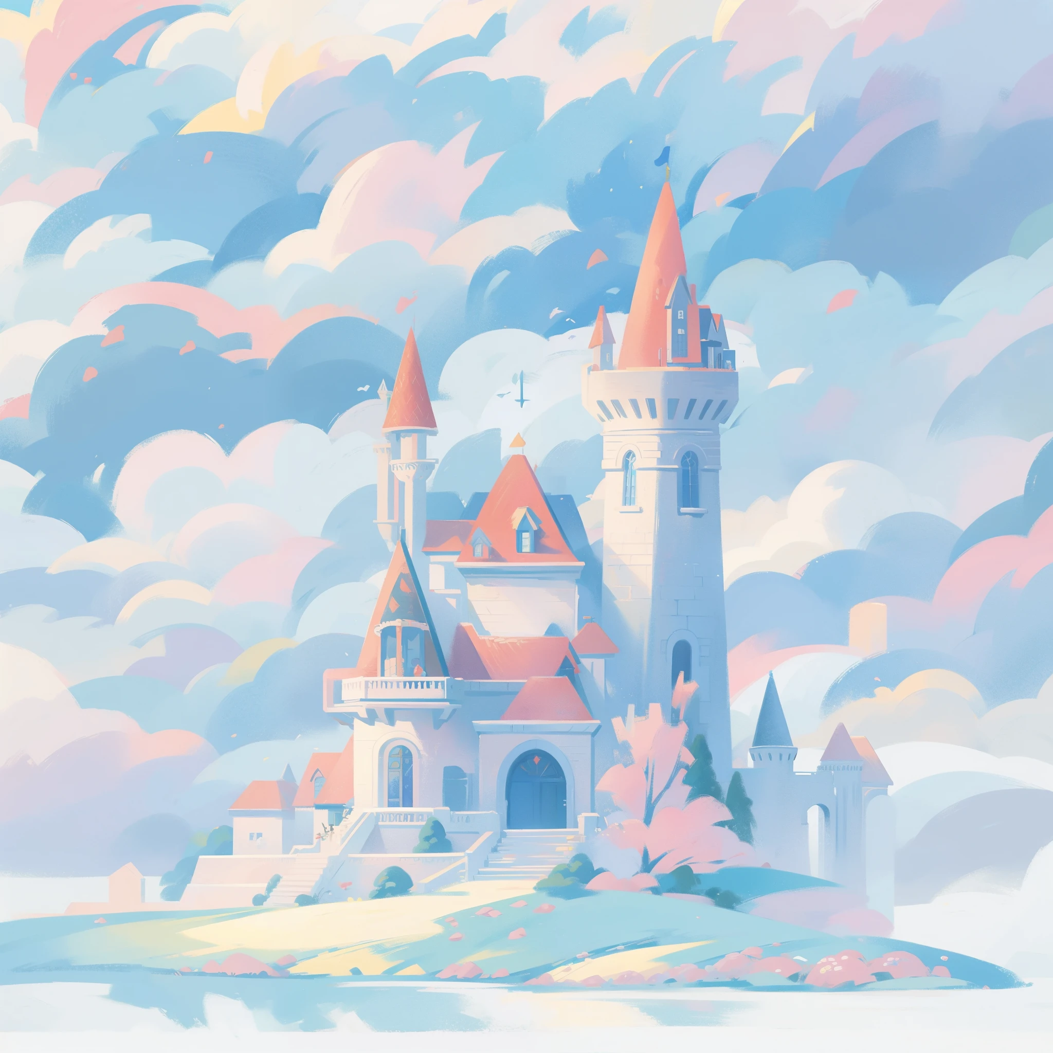 picture book illustration, watercolor storybook illustration, princess castle, fairytale castle, fairytale towers, clouds, vibrant pastel colors, dream, colorful, whimsical, magical, masterpiece, best quality, sharp focus, intricately detailed environment, fine detail, 8k resolution