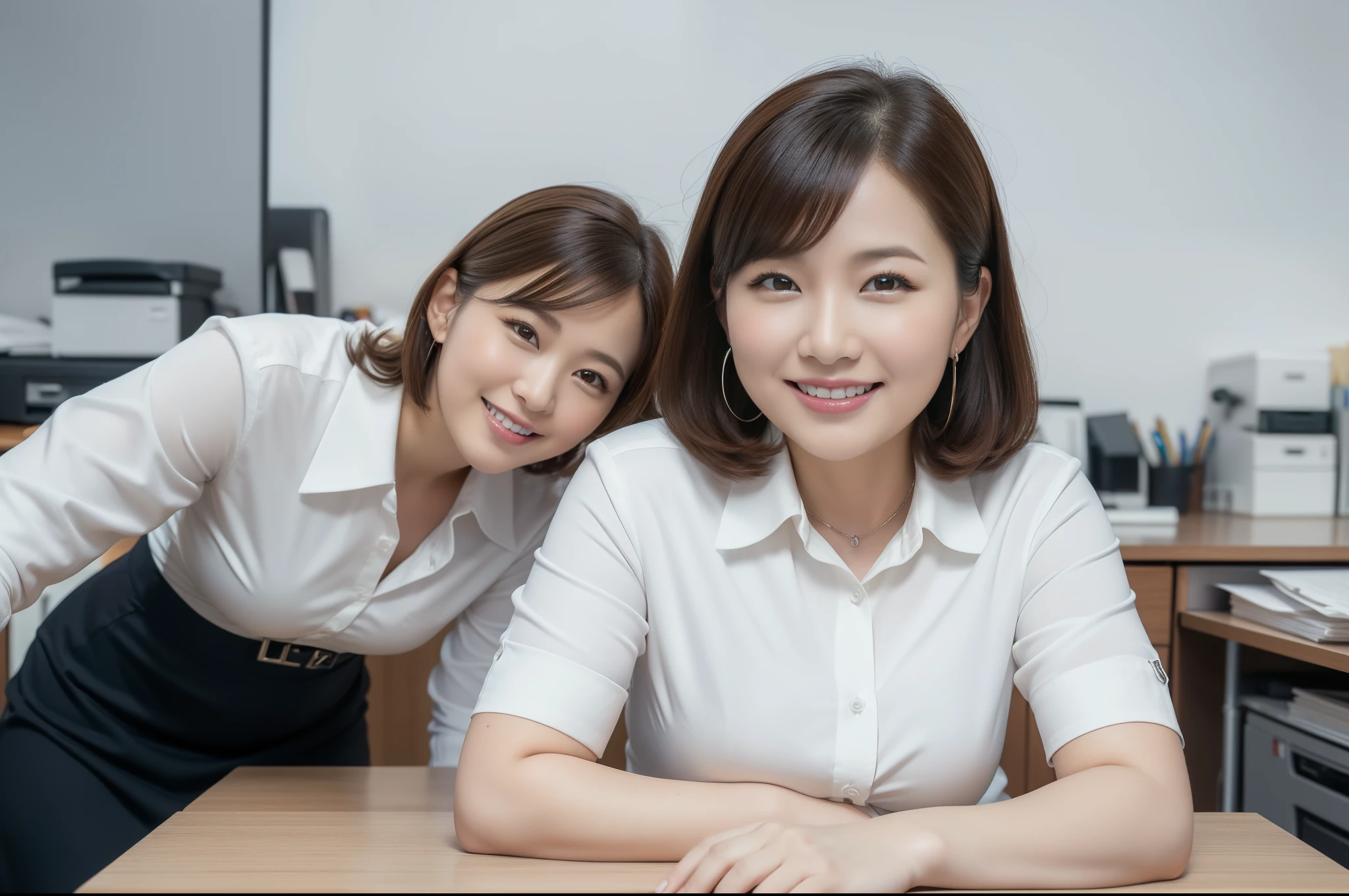 ((Best Quality, 8k, Masterpiecedetails, ultra-high resolution)), (looking at the viewer), (full shot:), attractive business 1 milf laying down on office, desk, a bit chubby:0.25, white collared shirt, grey skirt, (laying down on office desks)), smile, office of CEO,