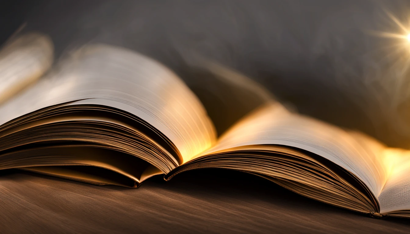 Holy book being leafed through, bright letters, a light on the pages. Ultra realistic image, 4k, high definition.