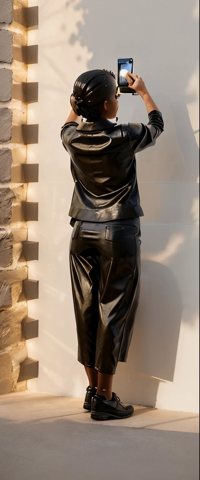 A woman is taking a photo of a sculpture of a woman standing in front of a wall, Taken in the early 2020s, model standing pose, stand posture, Full body portrait, person in foreground, full body model, fully body photo