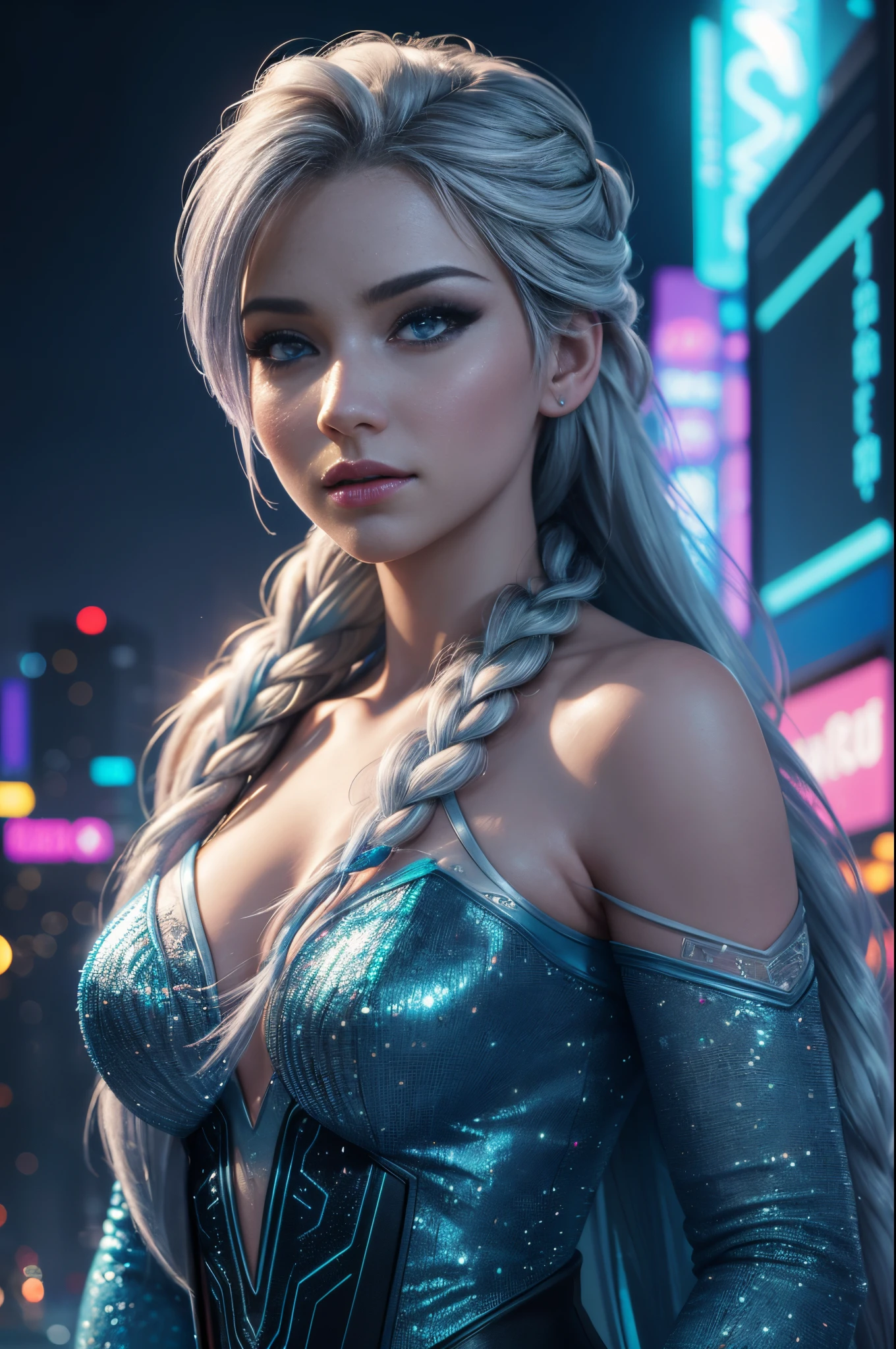 (1.2)best quality, ultra-detailed, (realistic:1.37), high-res, (HDR), (vivid colors), (bokeh)
Elsa from Frozen, cyberpunk city, neon lights, portraits, sharp focus, (physically-based rendering), (studio lighting), (extreme detail description), (professional)
