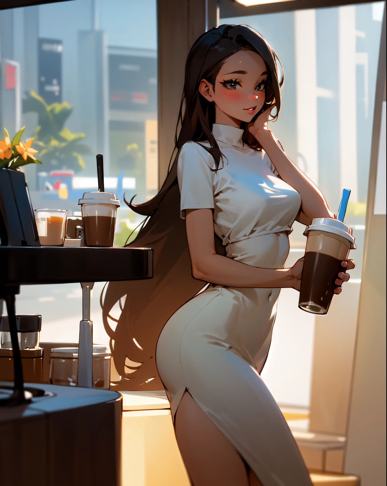 (wearing nothing, nude pubic_hair, age 23:1.45), (masterpiece:1.2), (best quality:1.2), (extremely detailed:1.2), (extremely detailed face), (photorealistic:1.2), (ultra detailed), (Hmong|Filipina|blasian woman:1.2), (Long_straight_hair:1.45), detailed eyes, open mouth, (smile:0.8), (serving drinks in fastfood:1.3), looking at viewer, (skin tanning:1.2), shiny skin, (smiling:1.1), (pink hair:0.8),