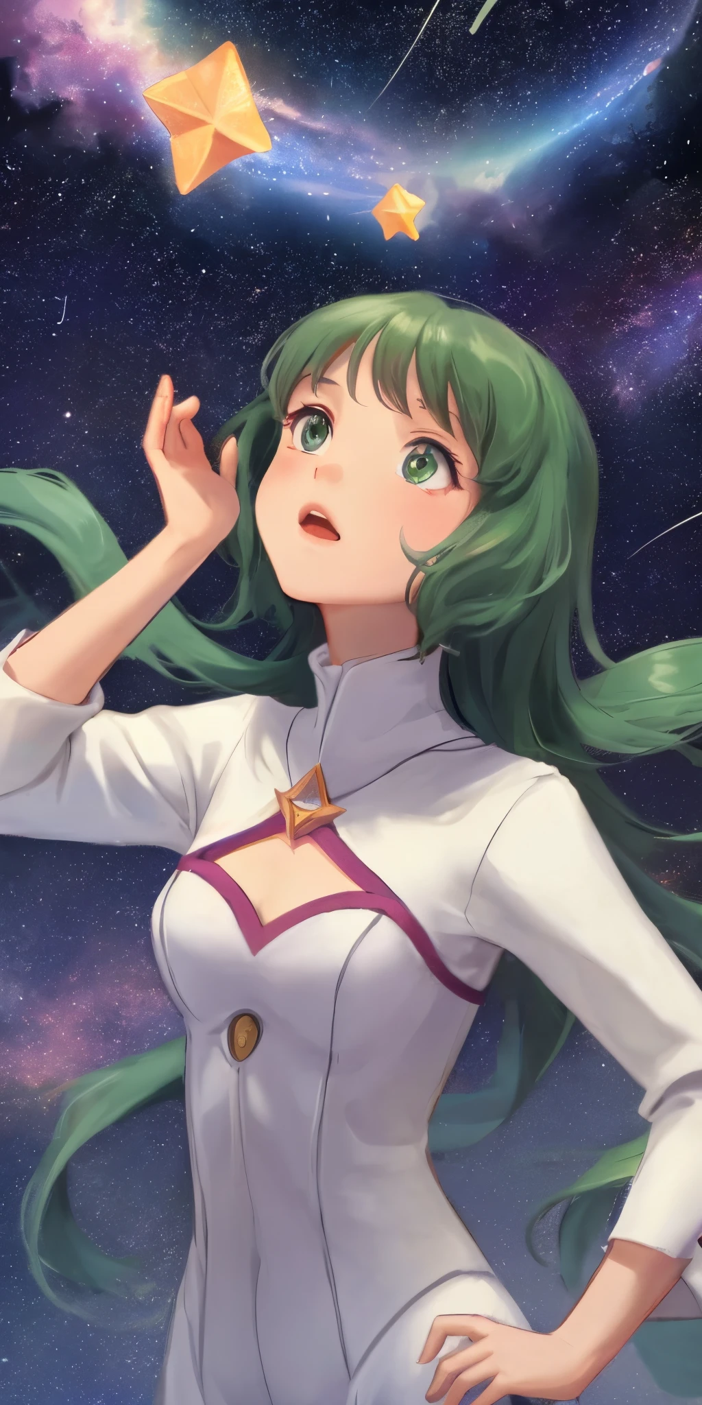 A cartoon girl looking up on the stars