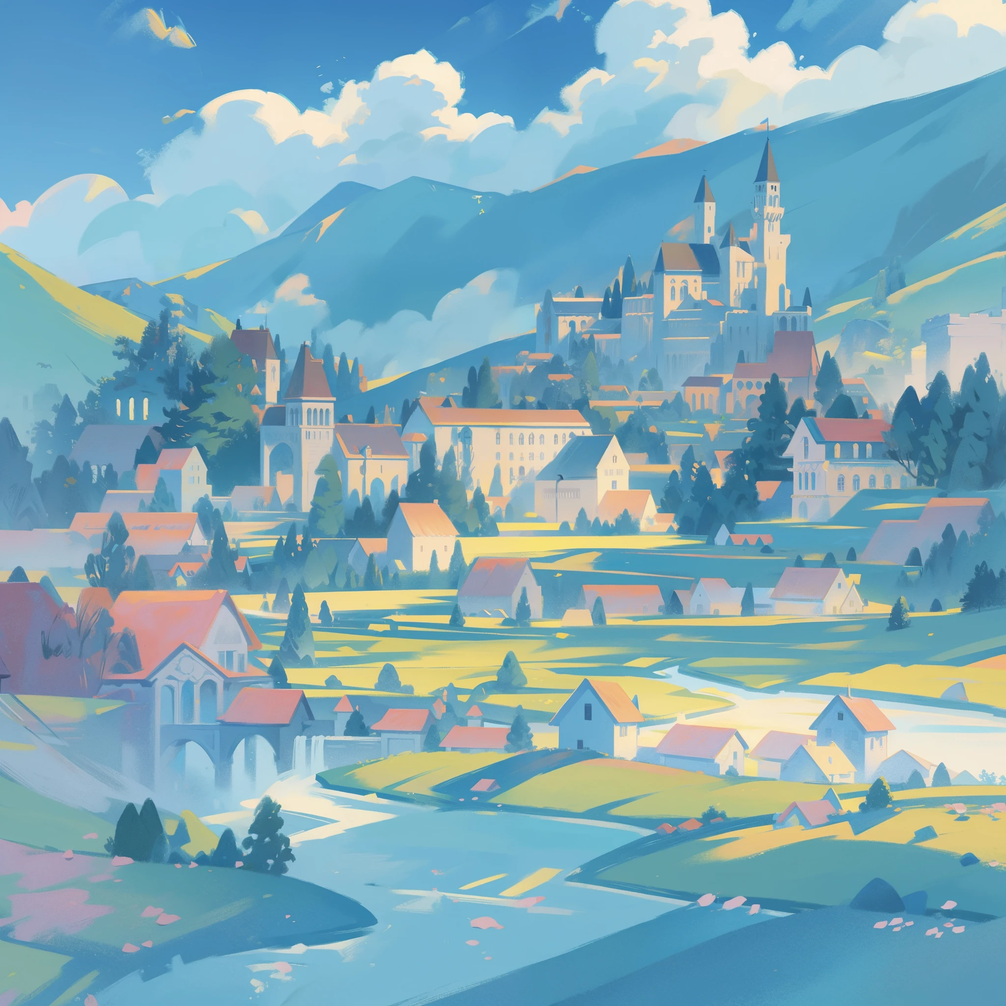 picture book illustration, watercolor storybook illustration, princess castle, fairytale castle, fairytale towers, clouds, vibrant pastel colors, dream, colorful, whimsical, magical, masterpiece, best quality, sharp focus, intricately detailed environment, fine detail, 8k resolution