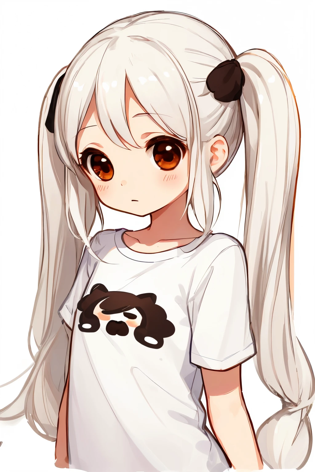 absurdres, 1girl, brown eyes, twintails, long hair, white hair, wide-eyed, eyelashes, looking at viewer, twitchemote, upper body, white background, t-shirt, chibi, emote, facing viewer, (:3:1.0), blush