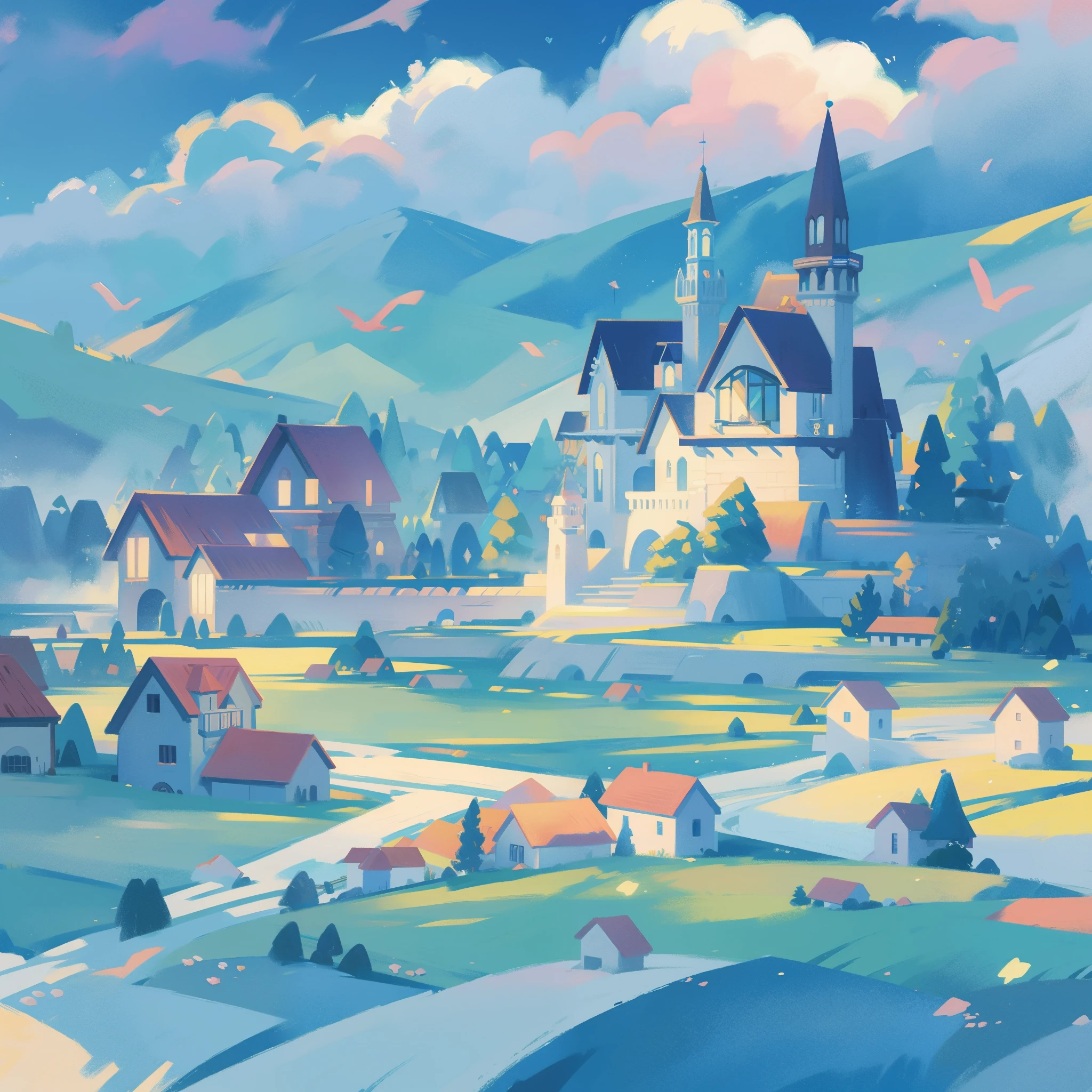 picture book illustration, watercolor storybook illustration, princess castle, fairytale castle, fairytale towers, clouds, vibrant pastel colors, dream, colorful, whimsical, magical, masterpiece, best quality, sharp focus, intricately detailed environment, fine detail, 8k resolution