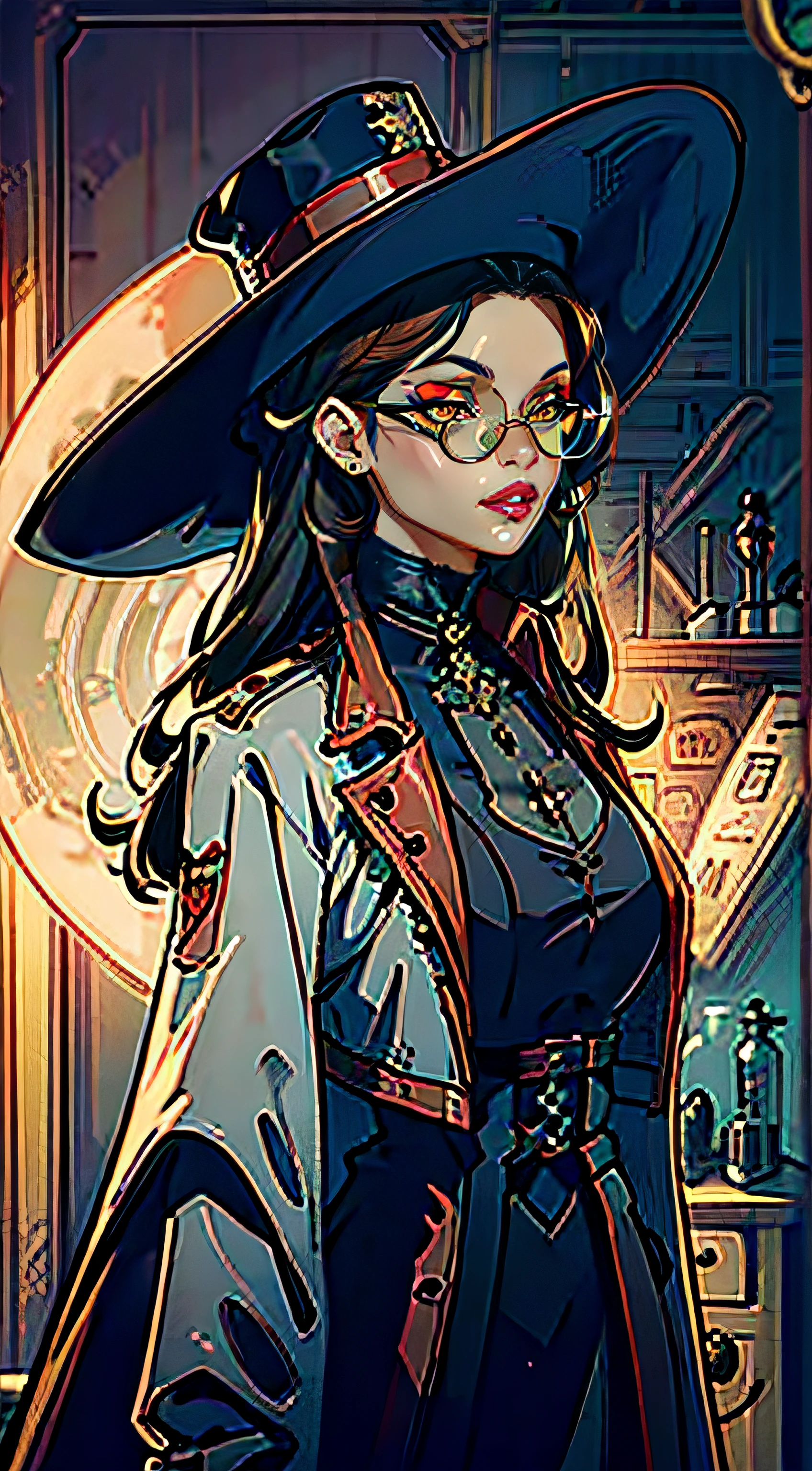 A tall vampire woman like lady dimitrescu from resident evil. Wearing a steampunk doctors outfit. Long brimmed hat. Round sunglasses. Long hair. Doctor Scientist. Round steampunk tinted glasses. Round red tinted glasses. Steampunk aesthetic. Doctor. Scientist. Blood. Red Eyes. Long Physician Jacket. Doctor's Mirror on Hat. Looks like Aubrey Plaza. Pale skin.