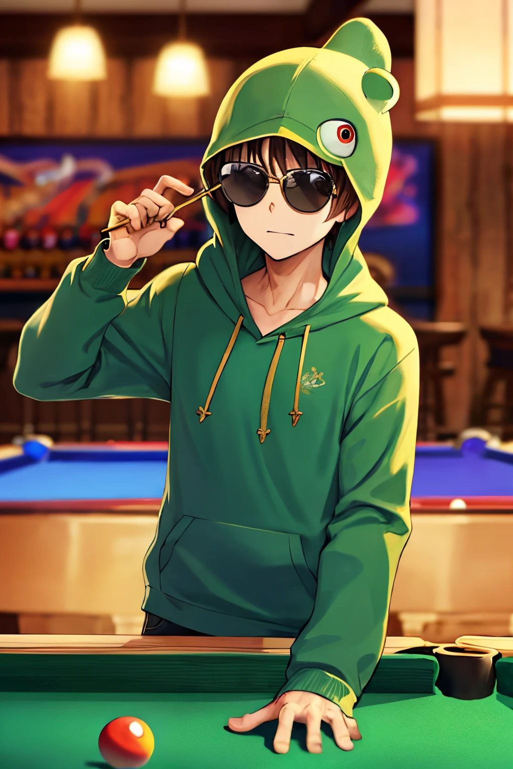 Tree frog wearing hoodie gold sunglasses playing pool