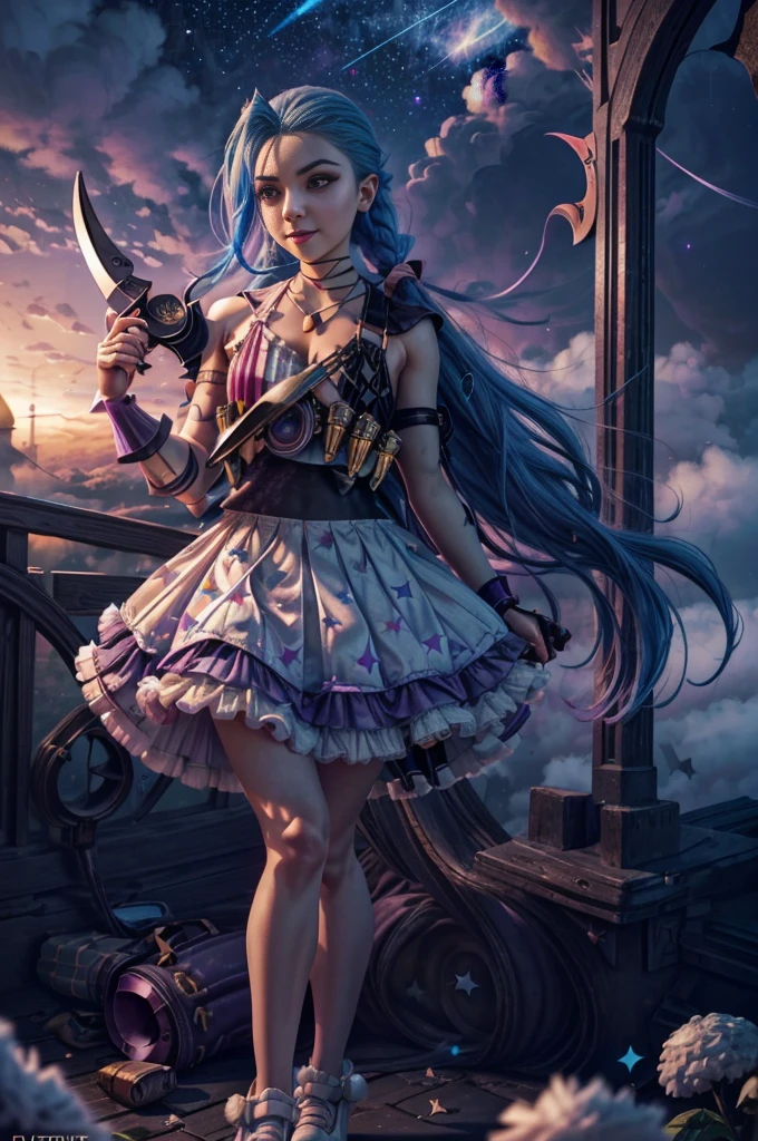 jinxlol, (full bodyesbian, Legs and shoes are visible: 1.2)), Expressive eyes, 1girl, pale-skinned, long whitr hair, The wind blows hair, ((Ridiculously long hair)), Long side lock, hime bangs, Hairline, hair-bun, ((Very long double ponytail, dark-blue hair,)), Be red in the face, His face was flushed, big shiny lavender eyes, (Gradient eyes), mouth open smile, Cute pose, ((With a revolver: 1.5)) , ((Lovely soft fashion)) , Flowing soft white dress, ((Fantasy white open dress)), (Floating ribbons), lavender ruffles, White frills, (Light blue lace), detached short sleeves, Puffy skirt, ((White star print skirt : 1.3)), ((White Lolita dress)), Purple bow, ((Pompom ribbon hair ornament : 1.4)), striped lace stockings, (Heart shaped leg garters), (White mechanical armor plastic shoes: 1.2), ((Super detailed clothing and fashion)) , ((looking at you)), League of legends game girl, Be red in the face, (美丽细致的眼睛), (extremely detaild的 CG unified 8k wallpapers), ((Extremely Delicately Beautiful)), (detailedlight), ((depth of fields)) big headed, sparkling big eyes, sprout, Splash ink art, 电影灯光, Frontal view, Volumetriclighting, Maxism, photoillustration, 8k, A high resolution, intricately details, complex critical vision, Precise linearity, ((Against the background of a dreamy soft sky, Surrounded by starry clouds, meteors, castle in the clouds)), ((Ultra detailed scenery, Fog clouds, inner strength : 1.3)), jinx \(league of legends\), ((The picture is very bright，bright，high saturated))