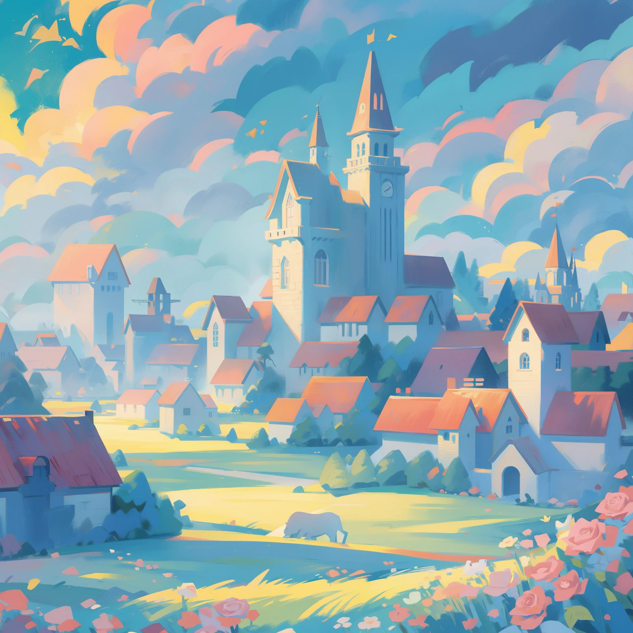 picture book illustration, watercolor storybook illustration, princess castle, fairytale castle, fairytale towers, clouds, vibrant pastel colors, dream, colorful, whimsical, magical, masterpiece, best quality, sharp focus, intricately detailed environment, fine detail, 8k resolution