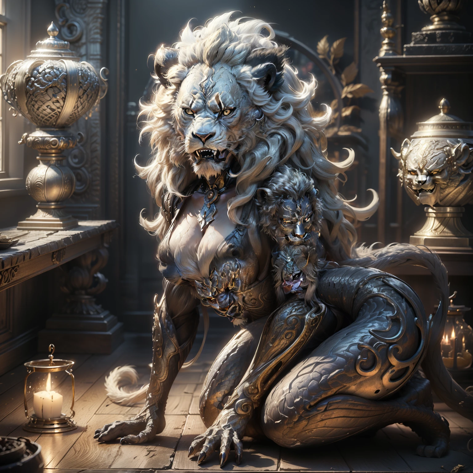 Silver demon woman, dressed in silver lion mask , menina anime demon, 2. 5 d cgi anime fantasia arte | | | | | | | | | | | | | | | | | | | | | | | | | | | | | |, portrait of demon girl, 3 d render arte do caractere 8 k, Demon girl, arte de anime digital detalhada, cabelo liso, Olhos prateados, deviantart artstation cgscosiety, |, sorriso enorme, psicopata | | | | | | | | | | | |, arte conceitual escura fotorrealista, Arte digital altamente detalhada em 4k, Tabagismo, (((terno gravata vermelhos))), pele branca, gravata, with several snakes in the background, (((cabelos ondulados))), (((roupa de pele branca))), (((Snake around the neck))), (((Using Lion Mask))), (((Grandes chifres de servo))), (((Musculosa))), (((Fitness))), (((Woman wearing lion mask)))