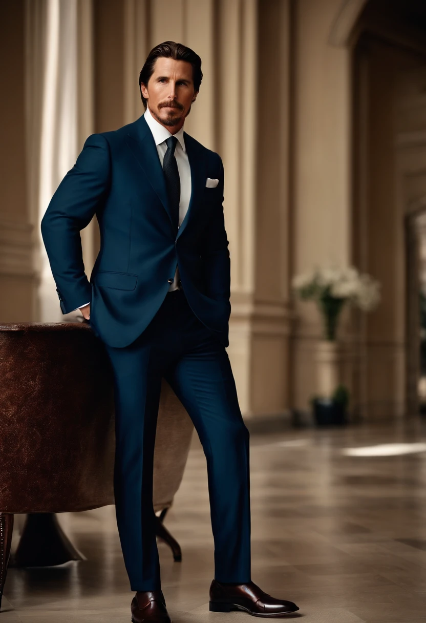 A close-up of a designer suit and expensive leather shoes,original,tall, muscular, well groomed with short stylish hair. always wearing designer business suits. looks like christian bale