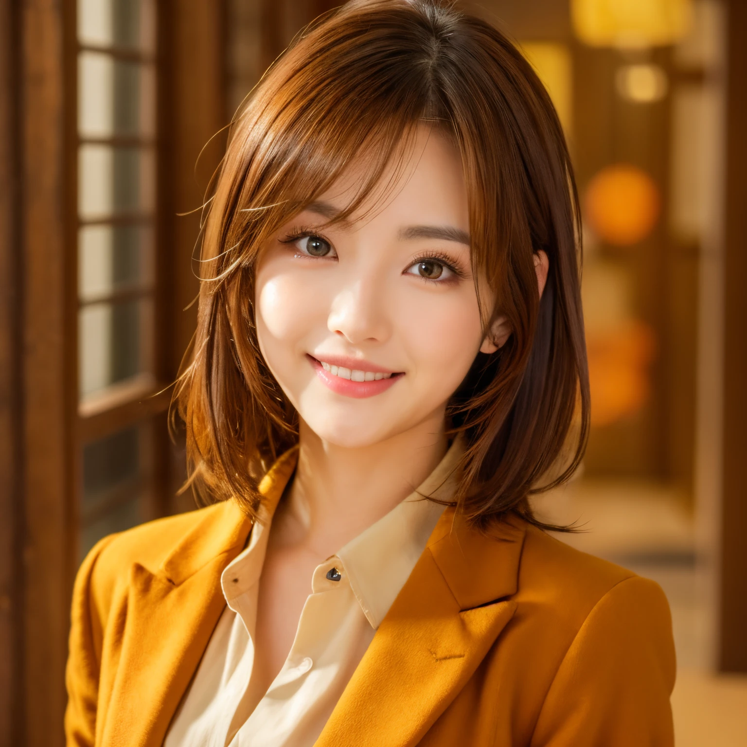 medium hair,Medium hair, hair length is longer than shoulders, indoor, full body, 25 years old, beautiful woman, Japanese actress,Autumn clothes that show off your beautiful legs,ladies boots, looks at you and smiles, incredibly detailed face, incredible Detailed beautiful eyes, masterpiece, high quality, top quality, highly detailed, highly detailed, 4K