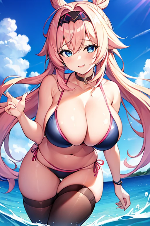 1girl, Eula \(genshin impact\), eula \(genshin impact\), pink hair, black headband, blue eyes, large breasts, 2d, anime style, anime screencap, large breasts, thick thighs, wide hips, smile, light smile, bikini, striped bikini, blue stripes, white bikini