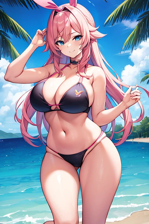 1girl, Eula \(genshin impact\), eula \(genshin impact\), pink hair, black headband, blue eyes, large breasts, 2d, anime style, anime screencap, large breasts, thick thighs, wide hips, smile, light smile, bikini, striped bikini, blue stripes, white bikini