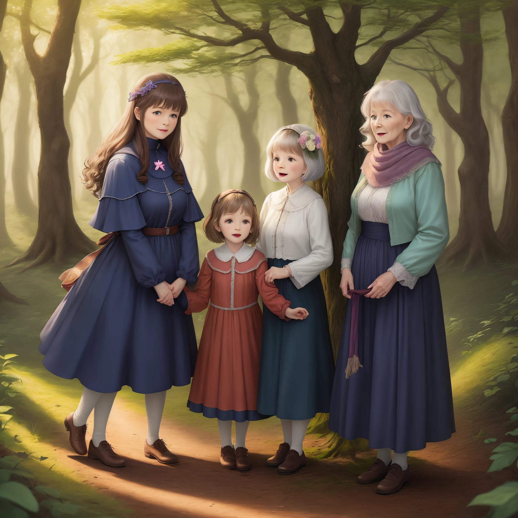 Grandmother, 3 granddaughters, magic tree in the woods